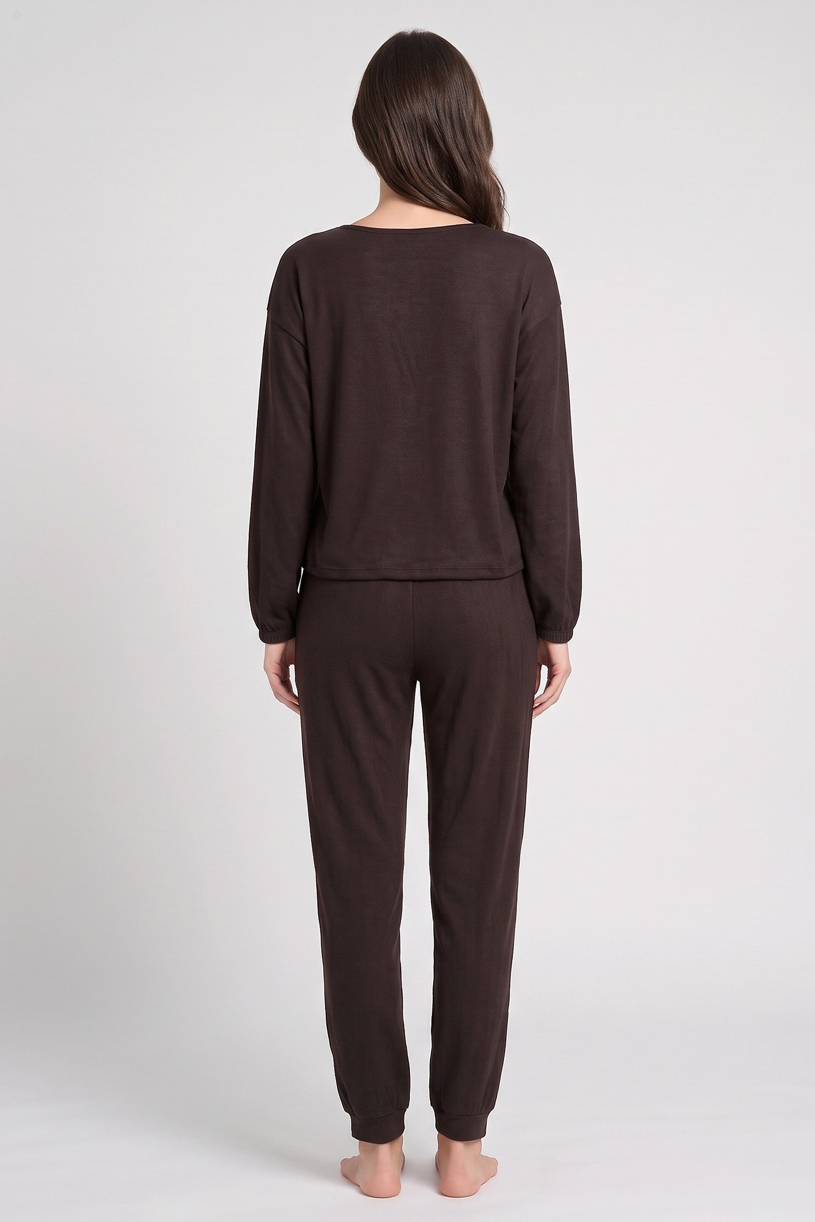 Women 2 Pcs Solid Pajama Top And Pants Set, Chocolate Brown