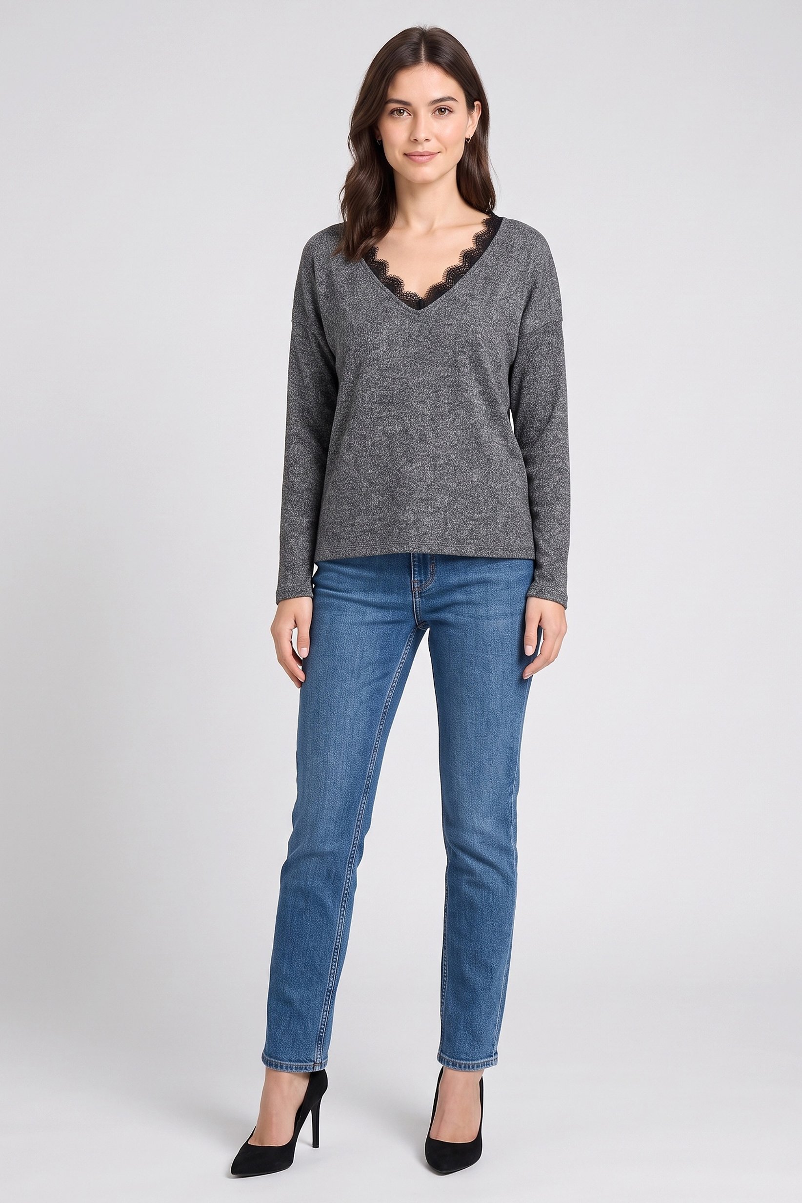 Women Long Sleeve Textured Sweater, Grey