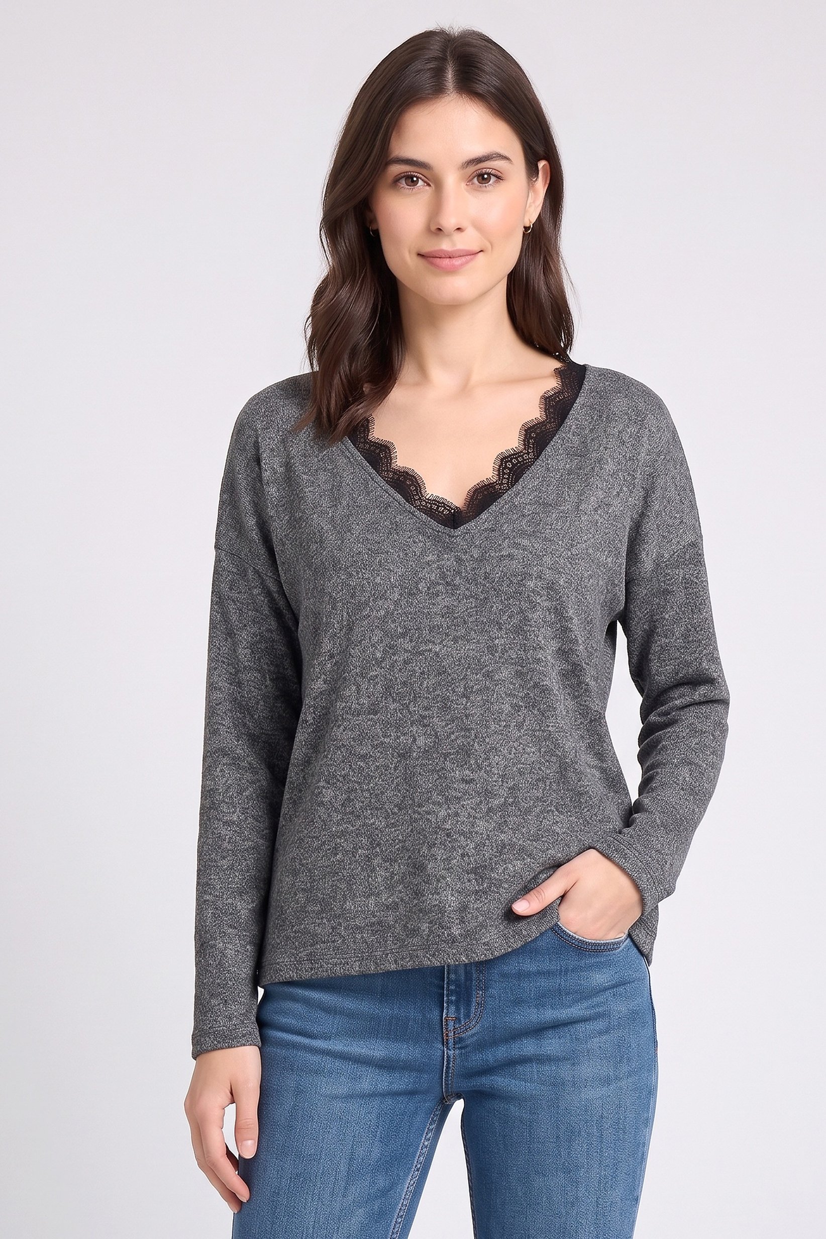 Women Long Sleeve Textured Sweater, Grey