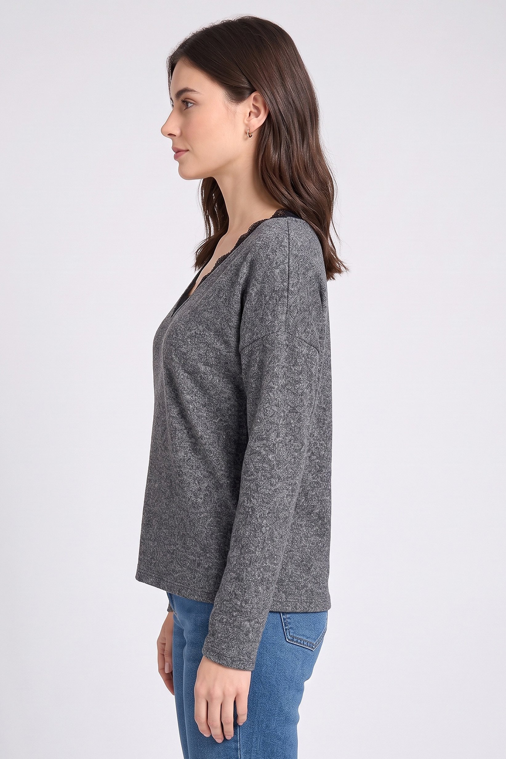 Women Long Sleeve Textured Sweater, Grey