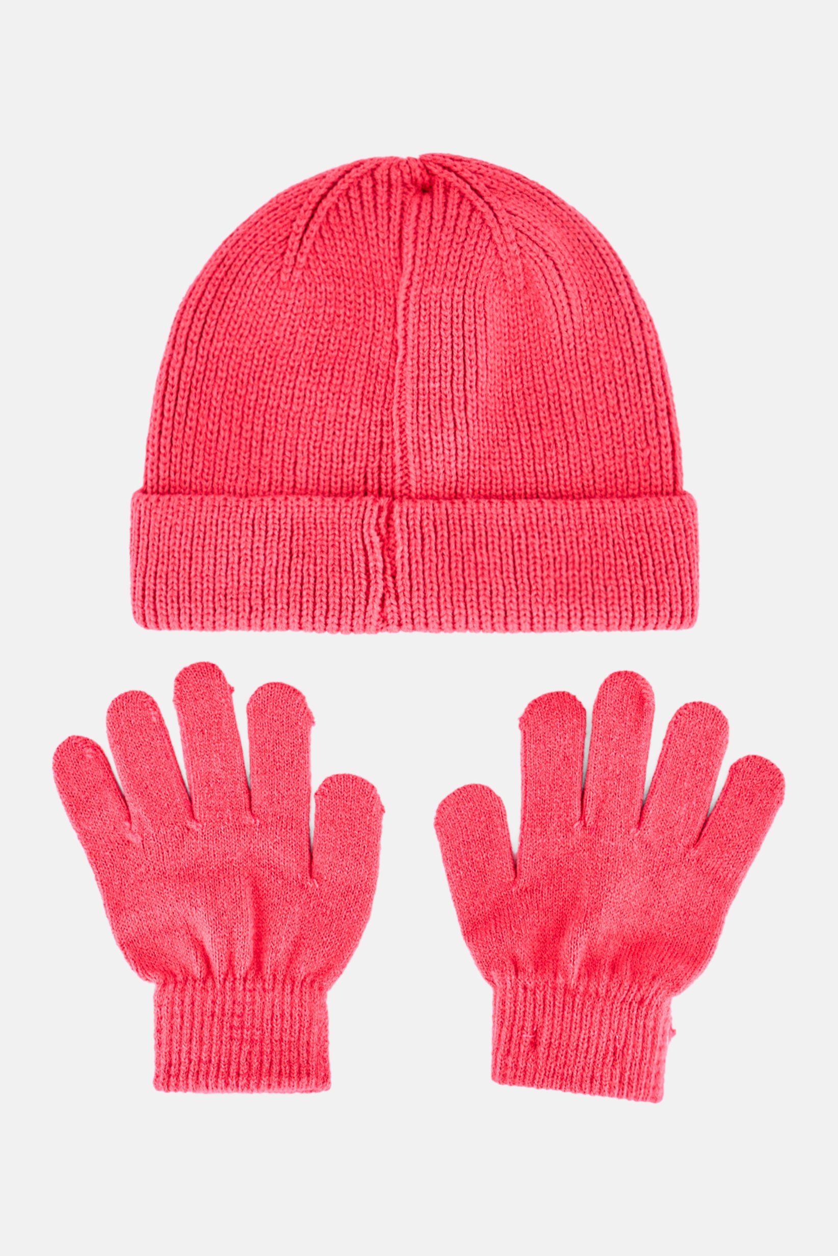 Kids Girl 2 Pcs Textured Beanie Hat With Gloves Set, Dark Pink