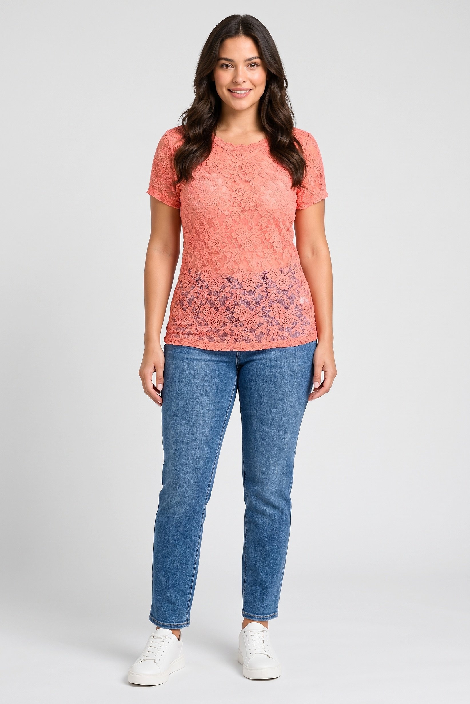 Women Round Neck Short Sleeve Eyelet Top, Orange