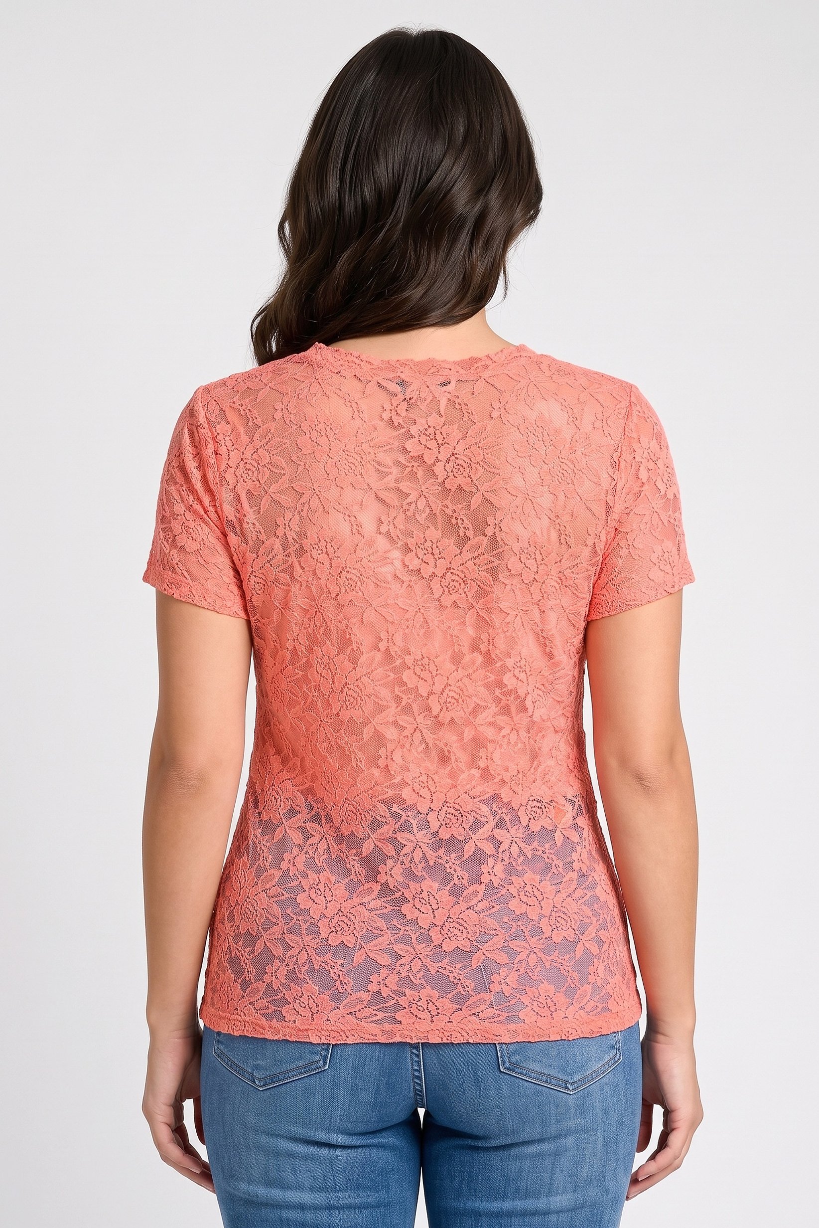 Women Round Neck Short Sleeve Eyelet Top, Orange