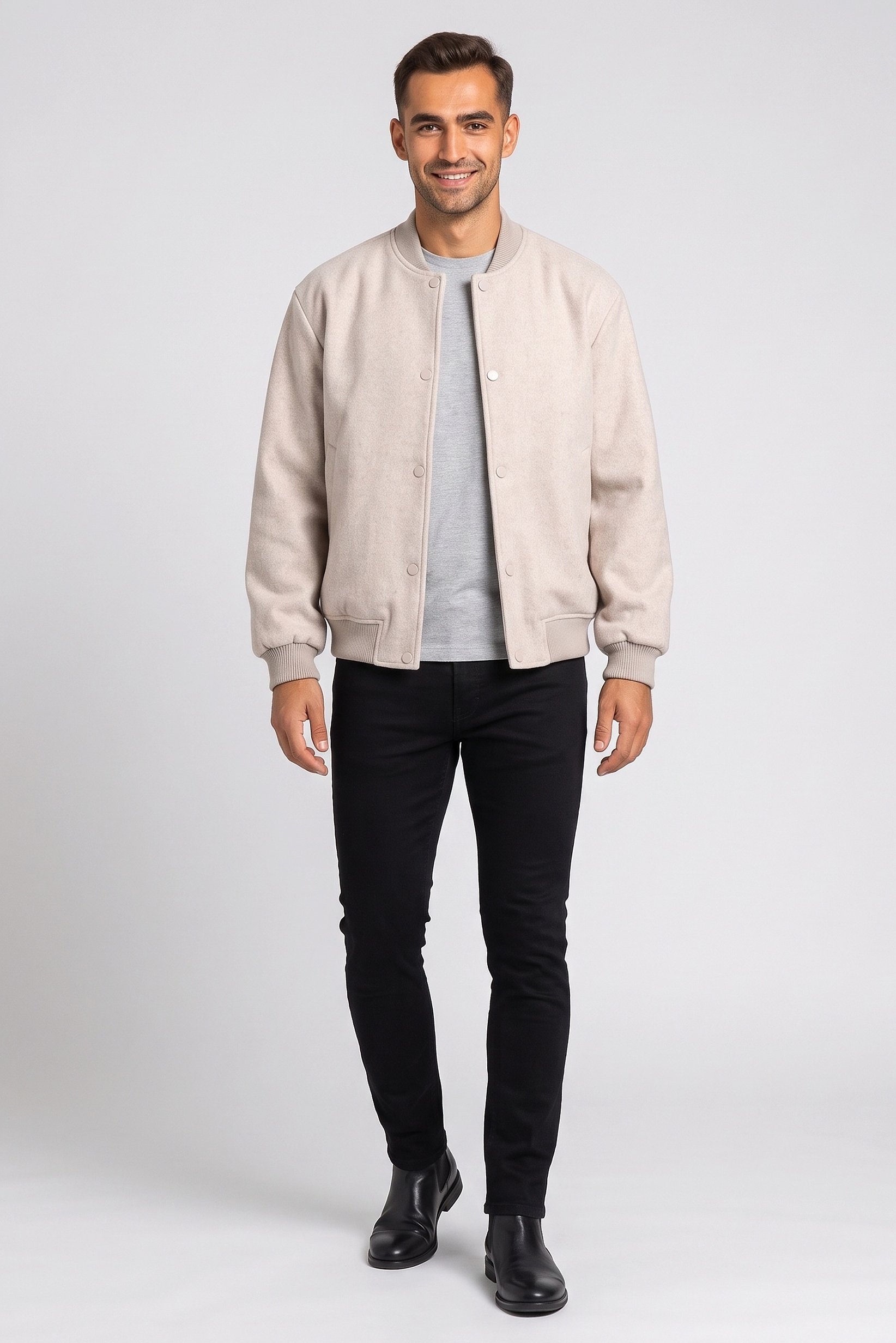 Men Plain Bomber Jacket, Beige