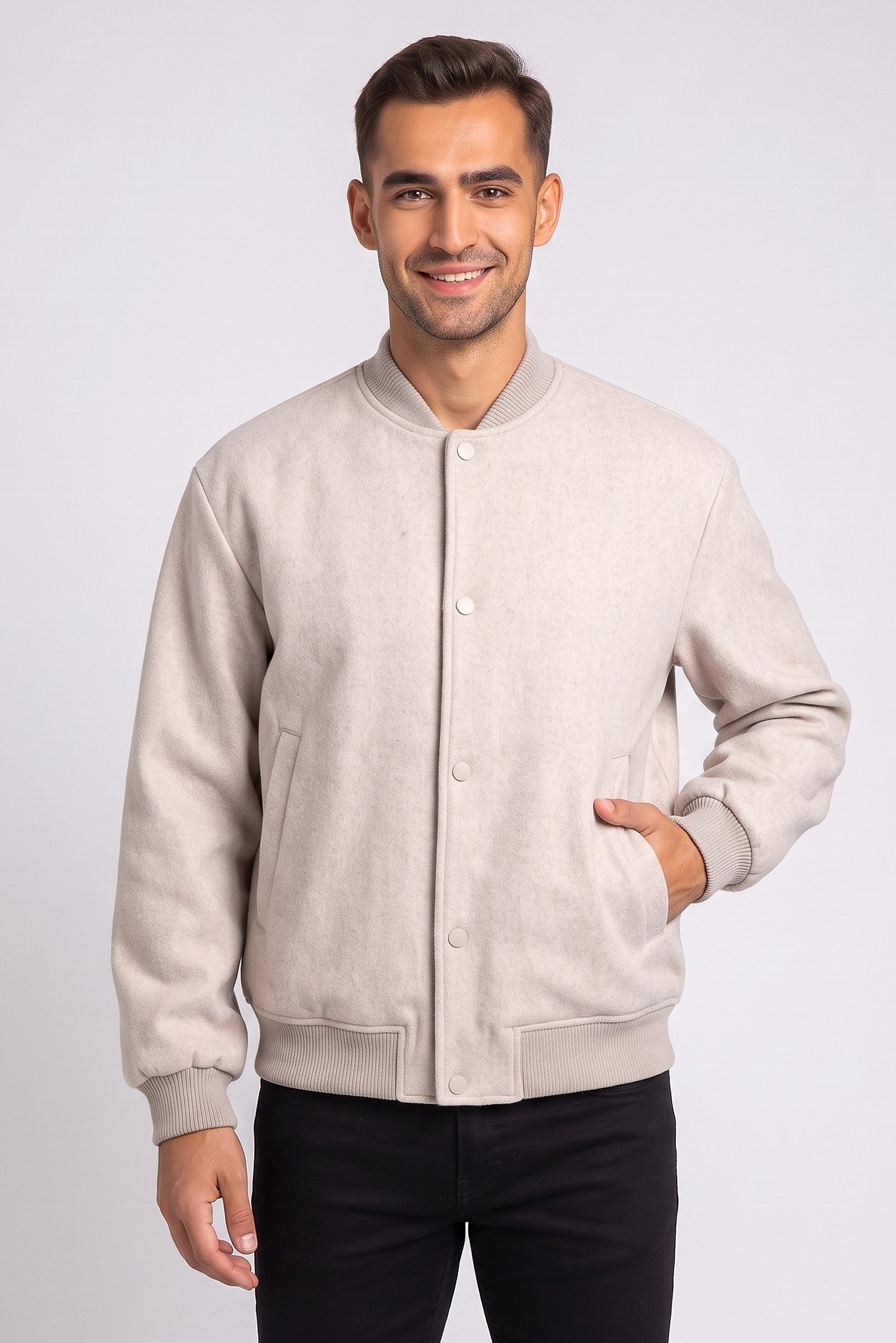 Men Plain Bomber Jacket, Beige
