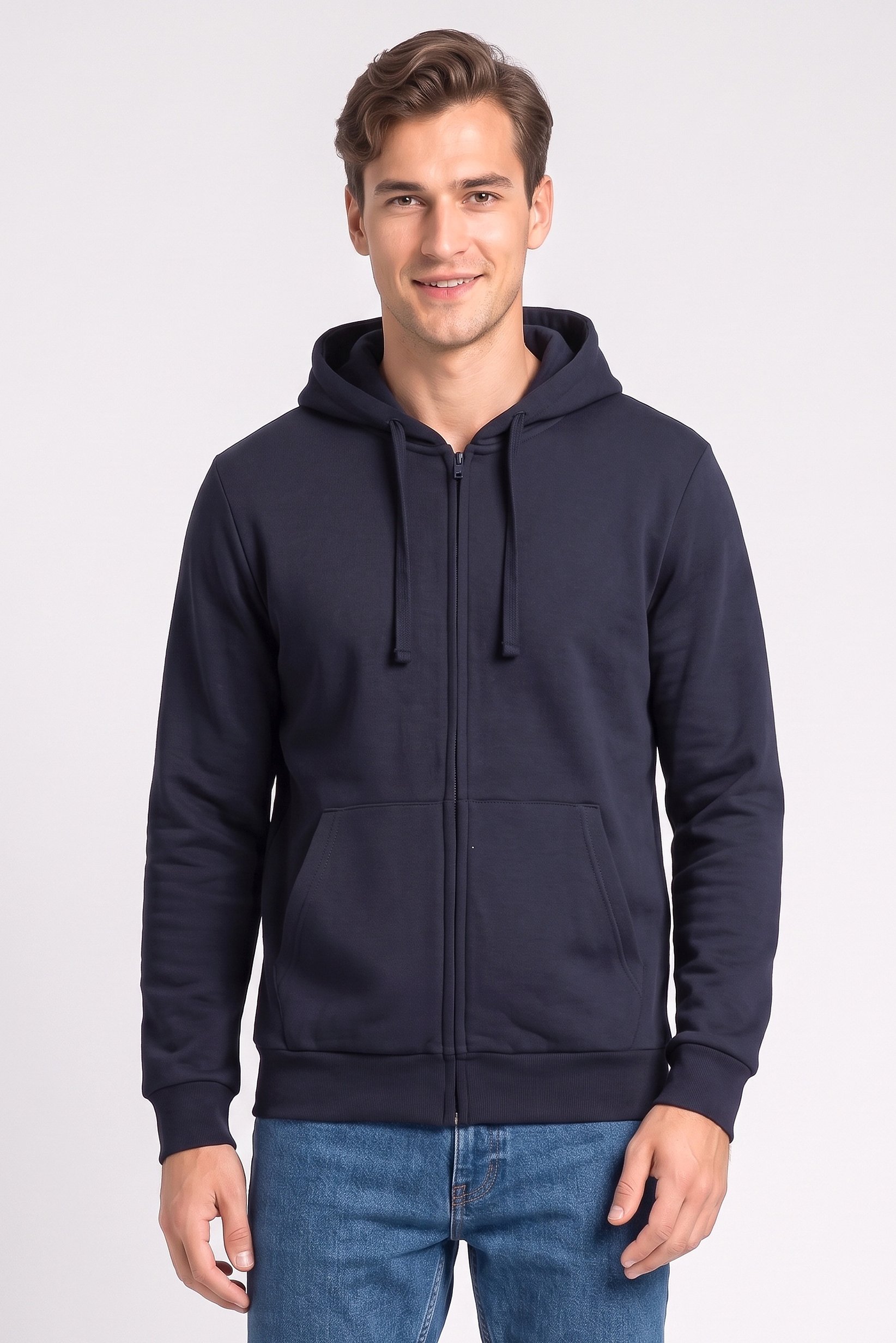 Men Solid Long Sleeve Full Zip  Hoodie, Navy