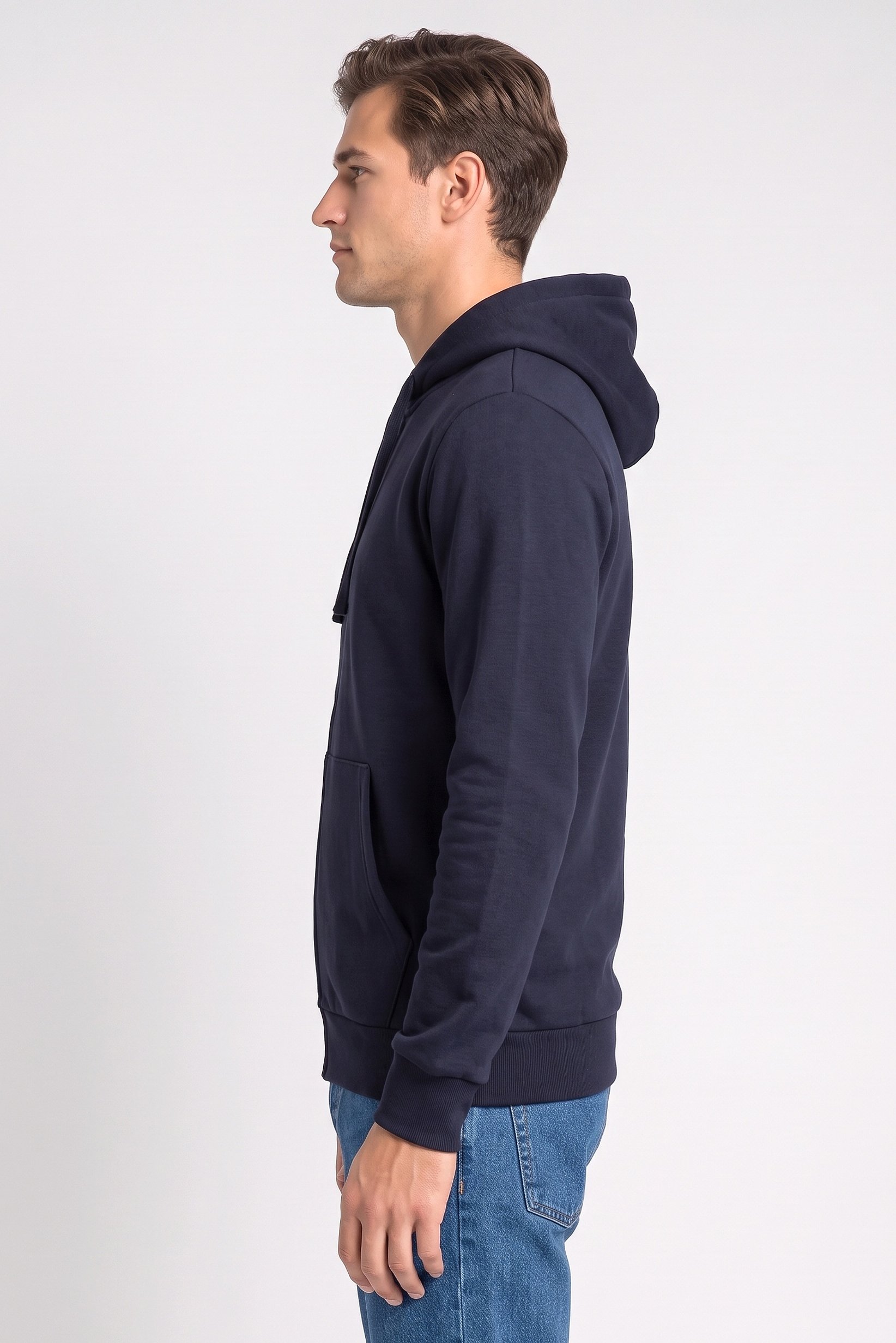 Men Solid Long Sleeve Full Zip  Hoodie, Navy