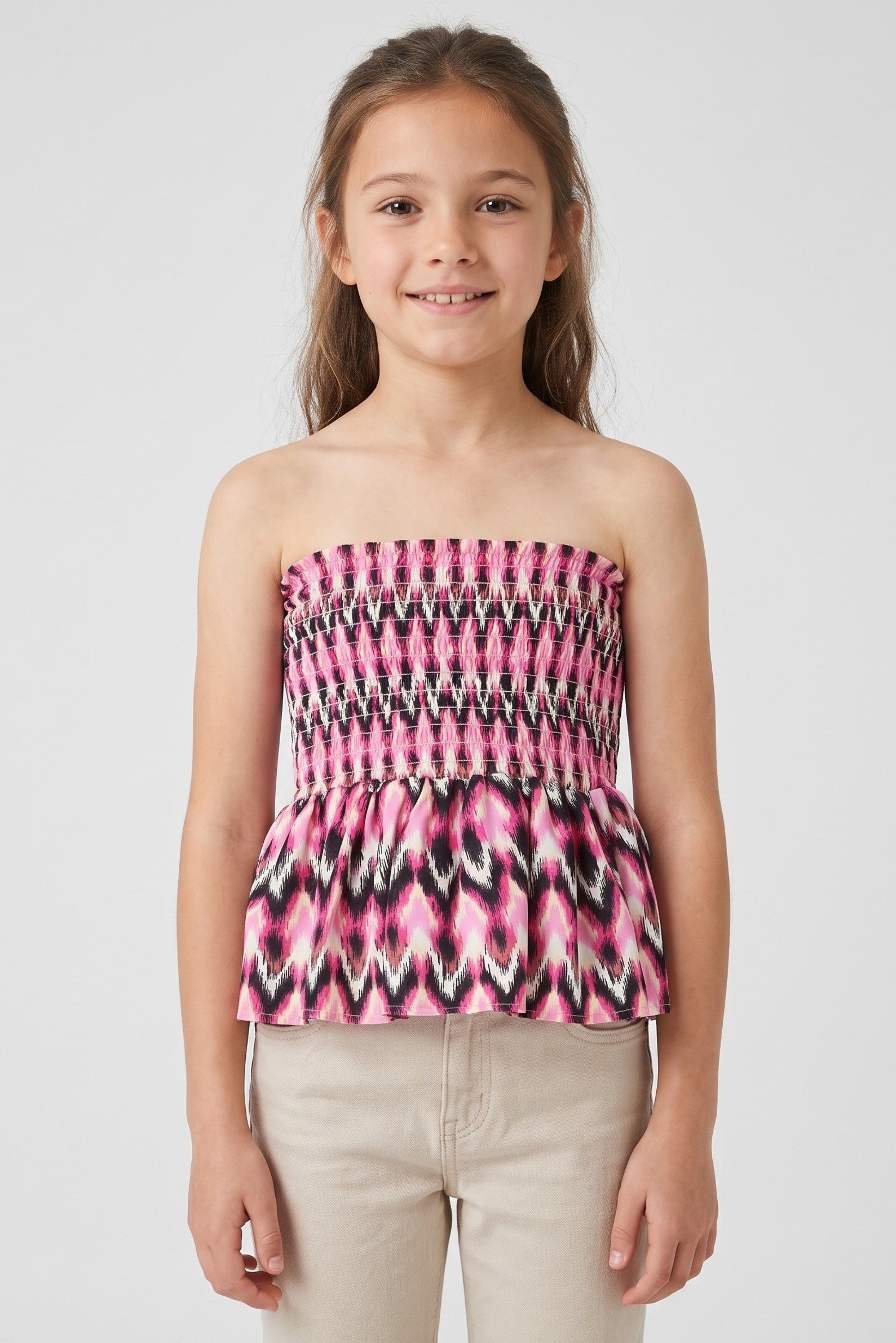 Kids Girl Straight Across Strapless Abstract Tube Top, Multicolor