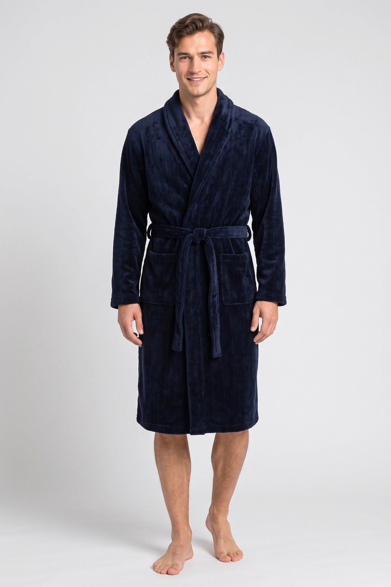 Men Textured Bath Robe, Dark Navy