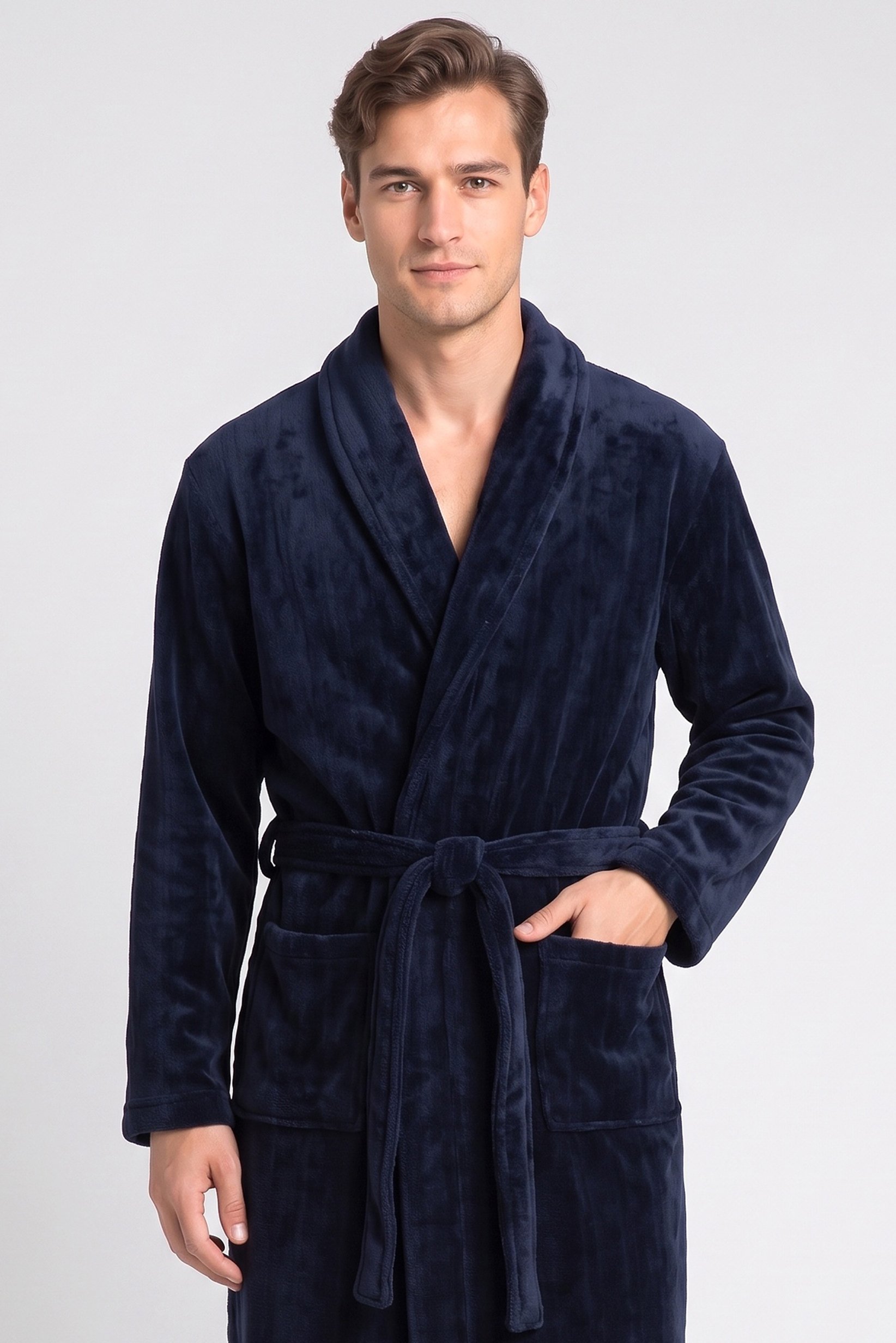 Men Textured Bath Robe, Dark Navy
