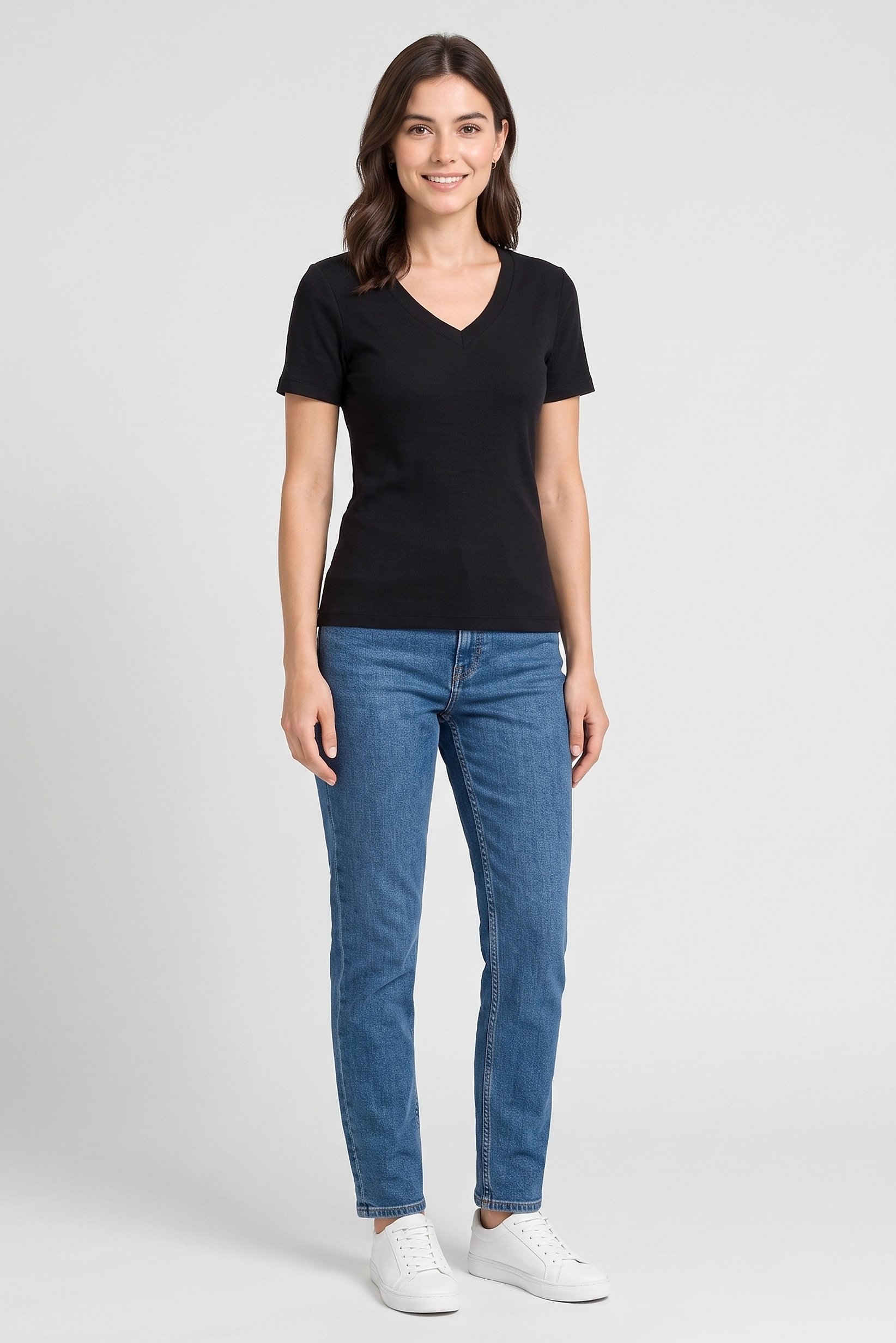 Women V Neck Short Sleeve Solid Top, Black