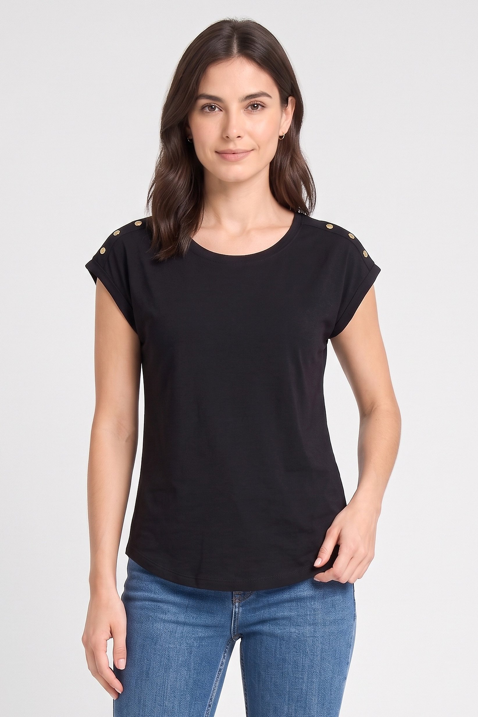 Women Crew Neck Cap Sleeve Solid Top, Black