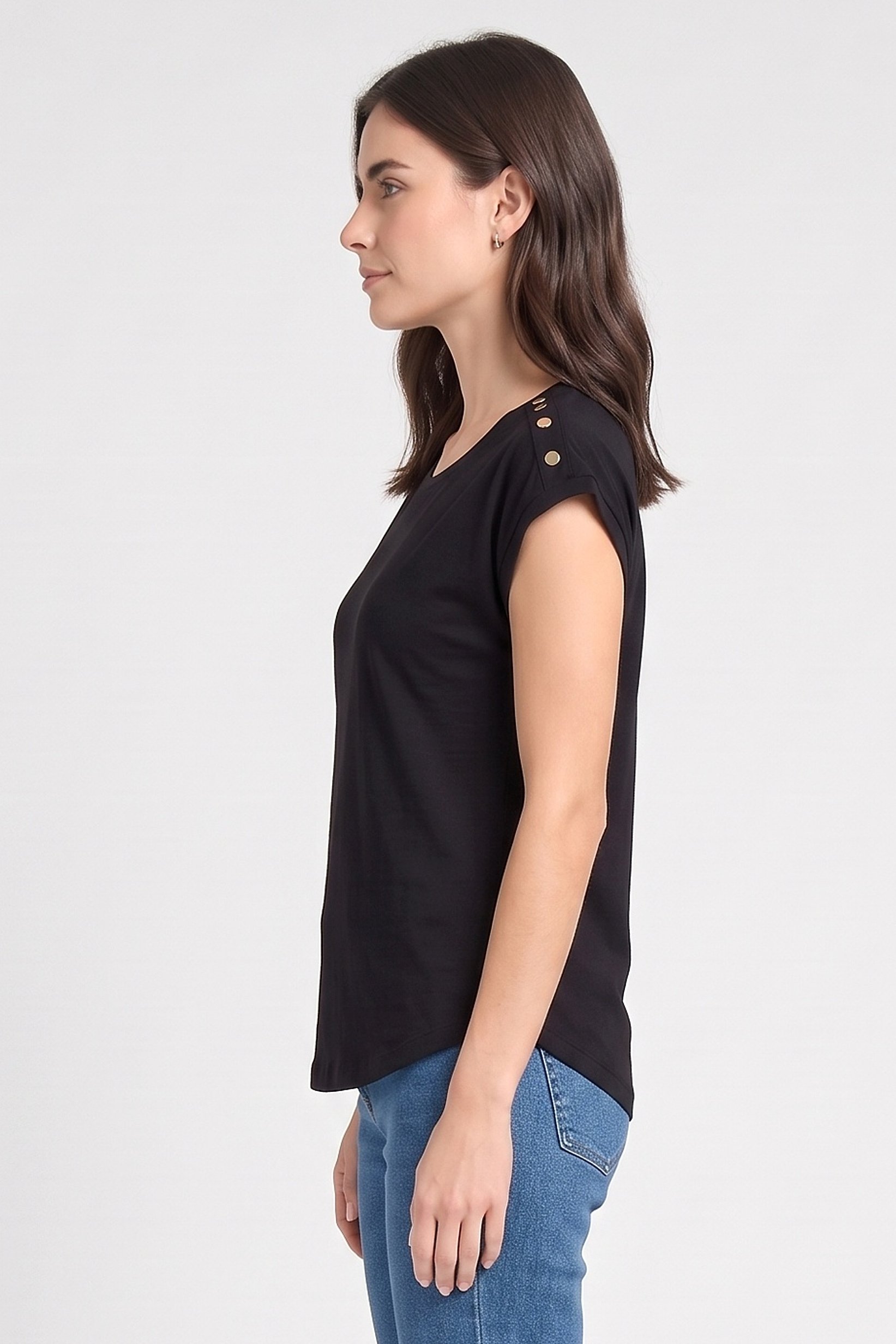 Women Crew Neck Cap Sleeve Solid Top, Black