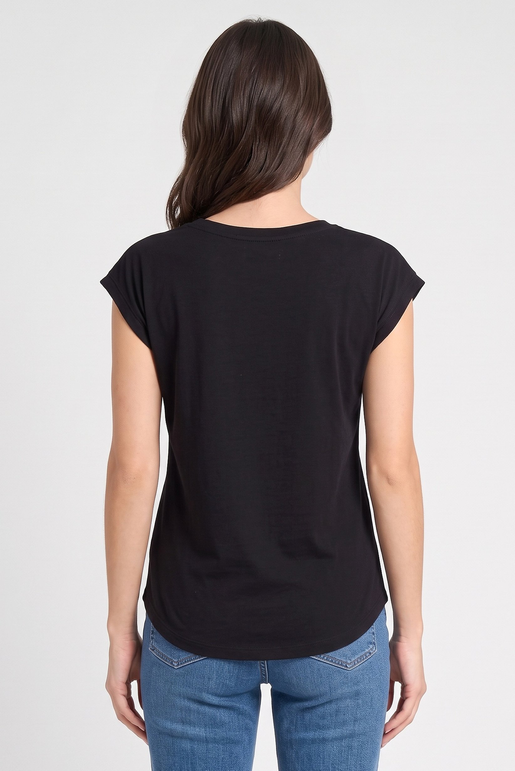 Women Crew Neck Cap Sleeve Solid Top, Black