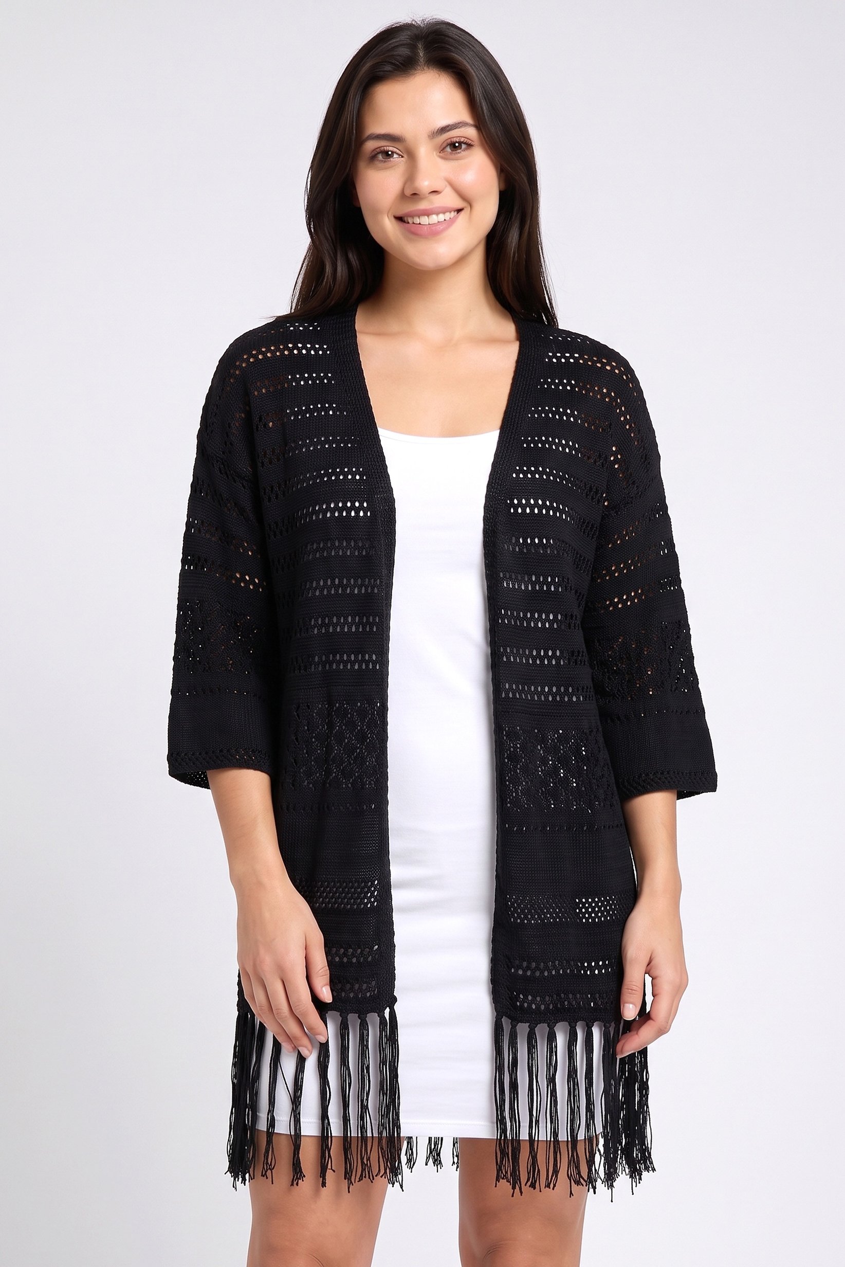 Women Split Neck Knitted Cardigan, Black