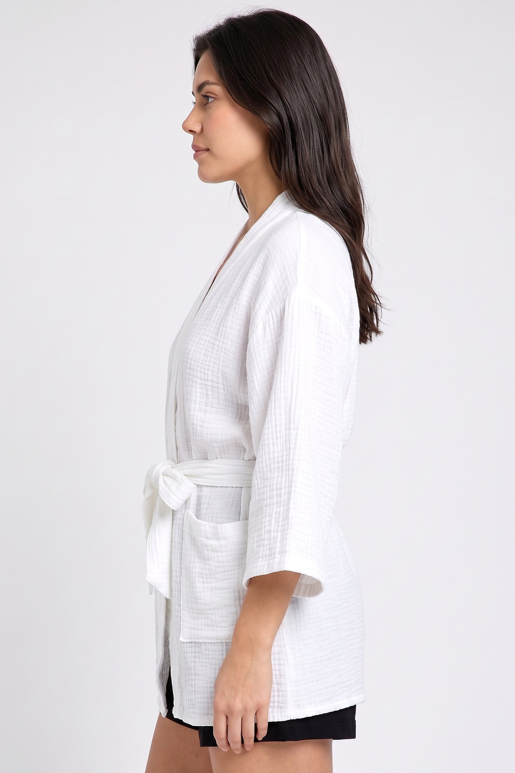 Women Split Neck Solid Short Sleeve Kimono Robe, White