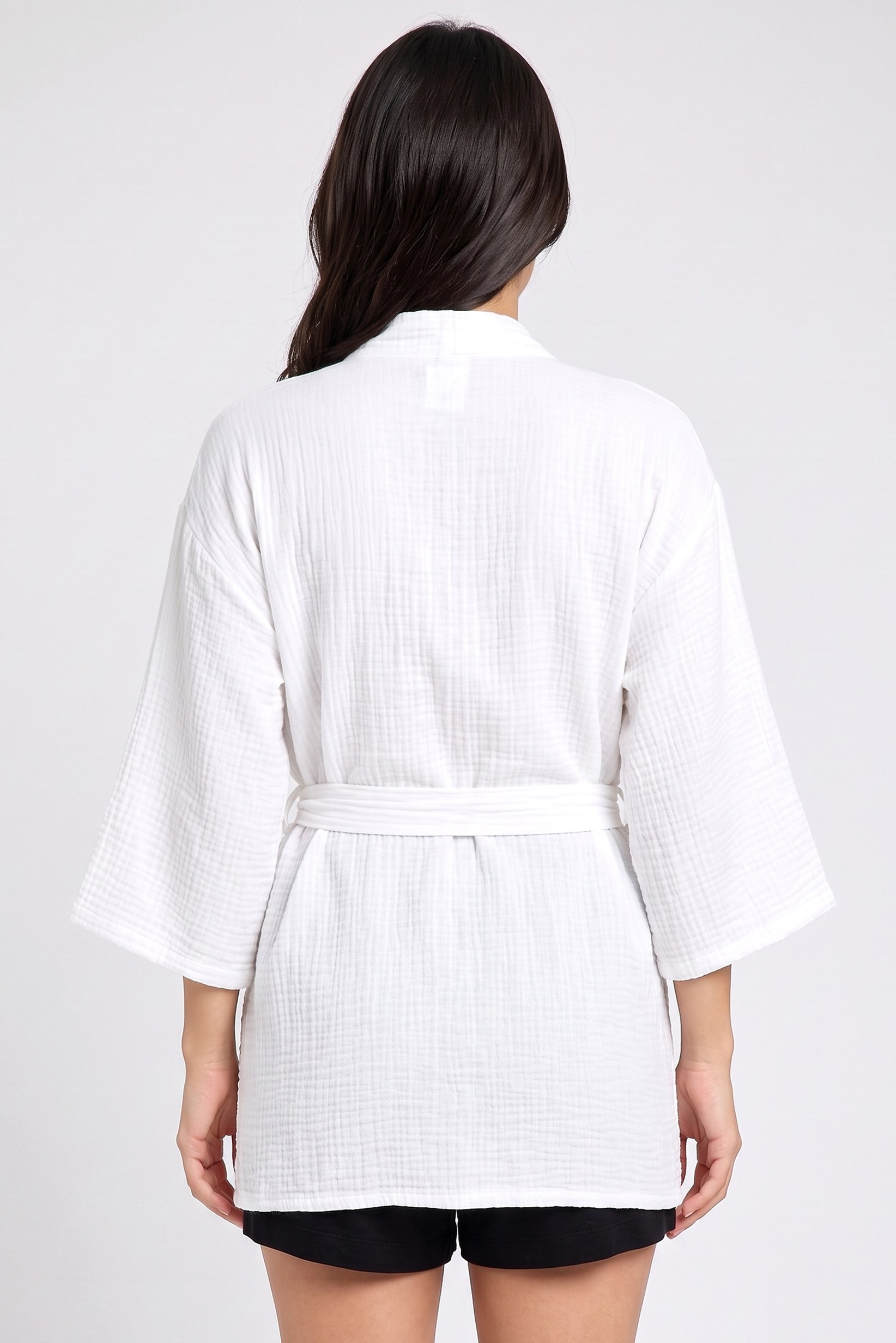 Women Split Neck Solid Short Sleeve Kimono Robe, White