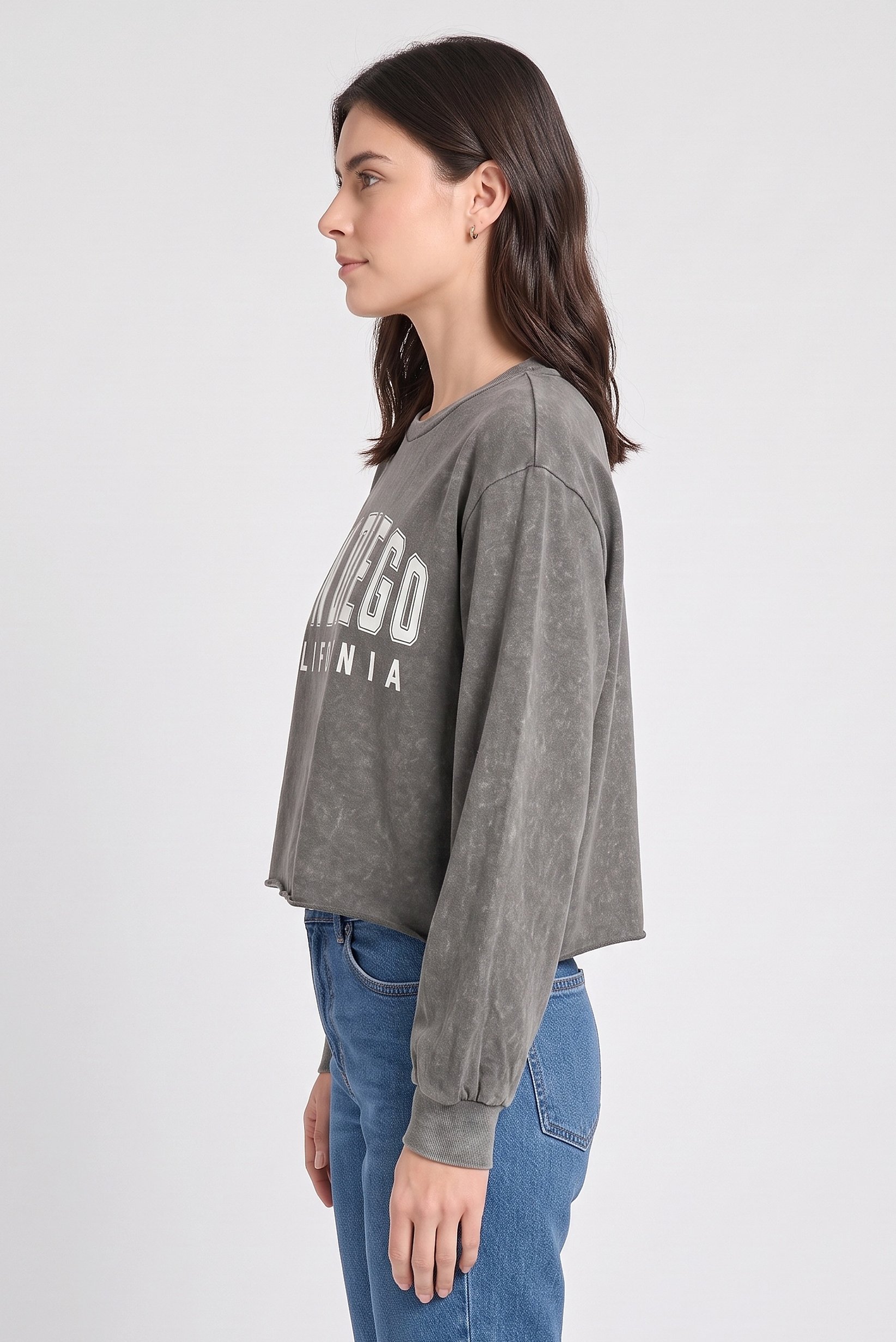 Women Crew Neck Graphic Print Long Sleeve Sweatshirt, Grey
