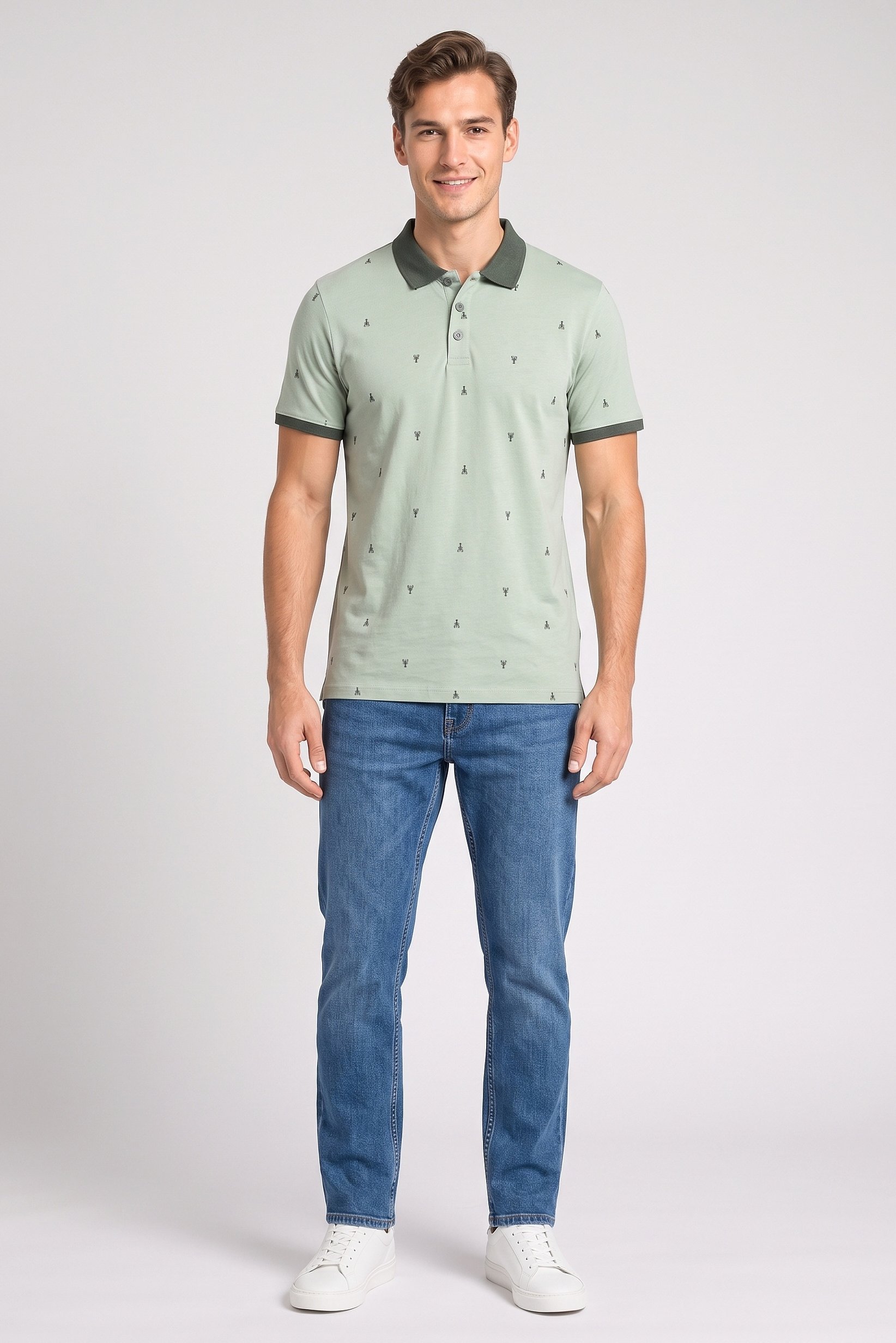 Men Regular Fit Allover Print Short Sleeve Polo Shirt, Light Green