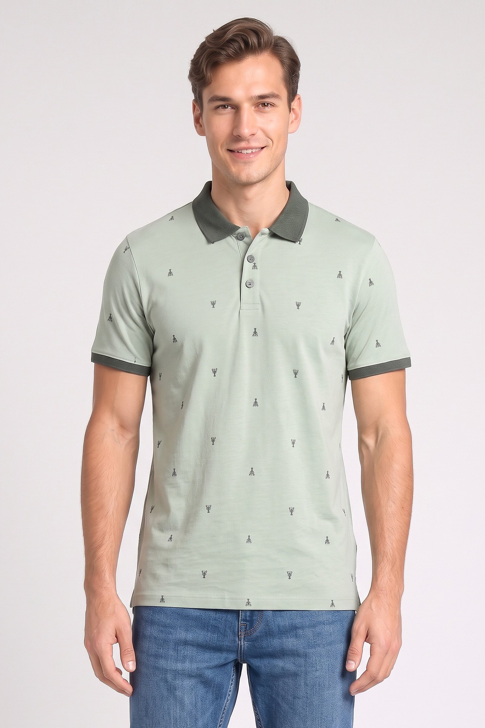 Men Regular Fit Allover Print Short Sleeve Polo Shirt, Light Green