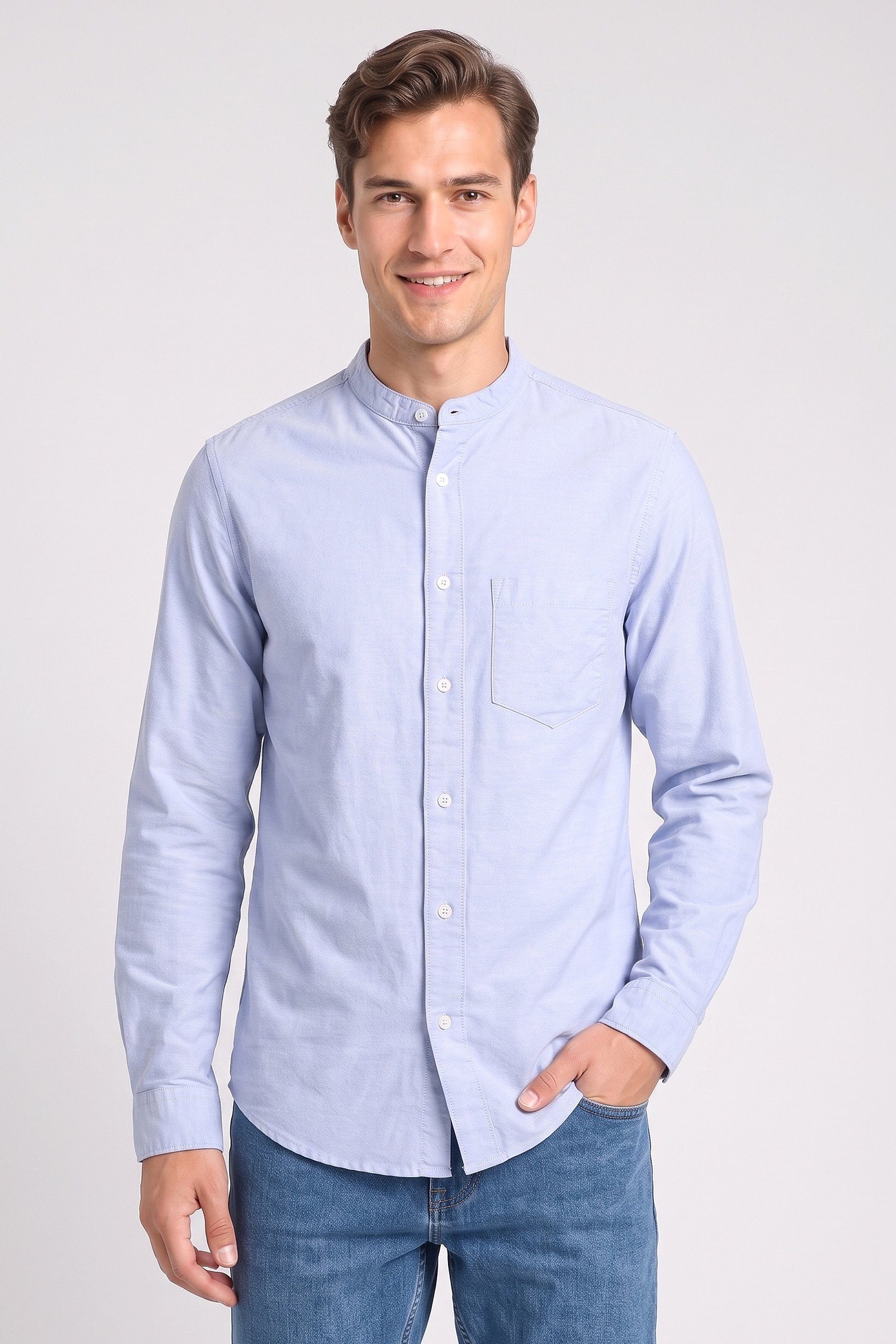 Men Regular Fit Long Sleeve Plain Casual Shirt, Sky Blue