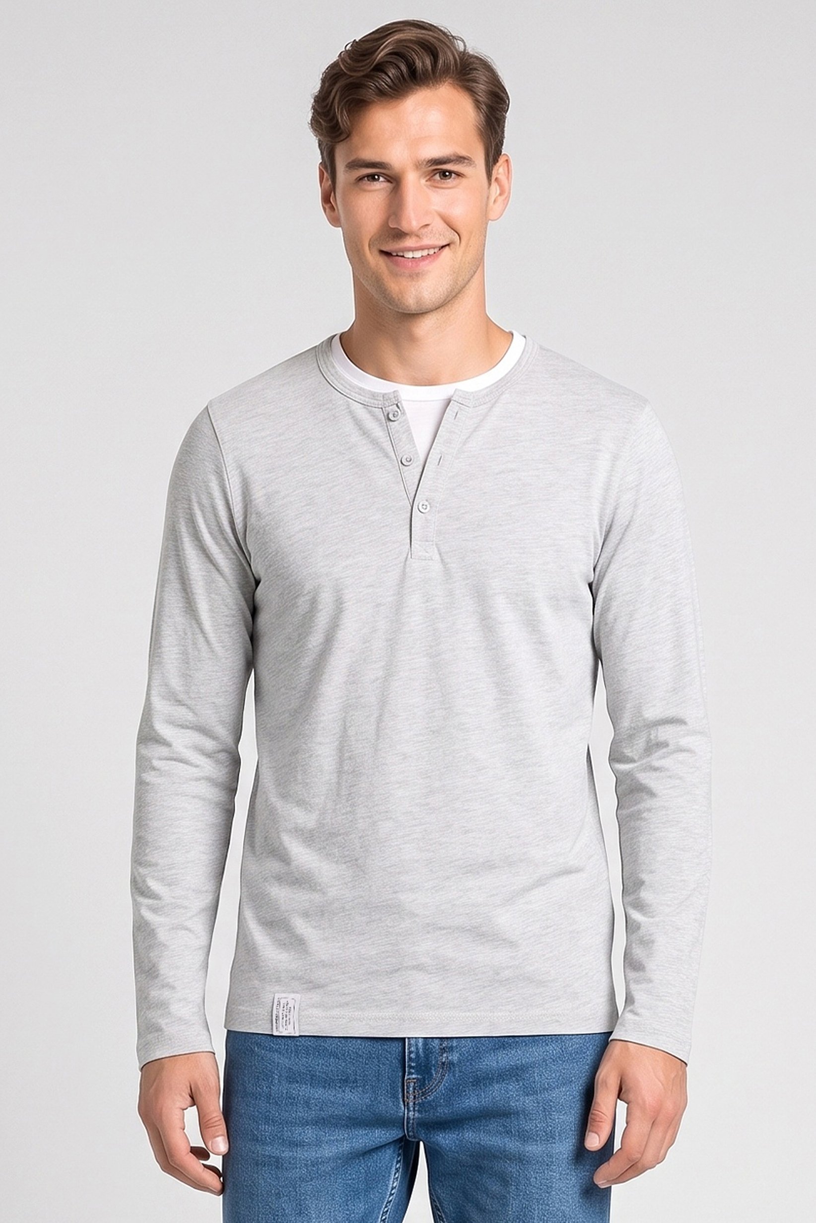 Men Crew Neck Long Sleeve Plain T-Shirt, Grey