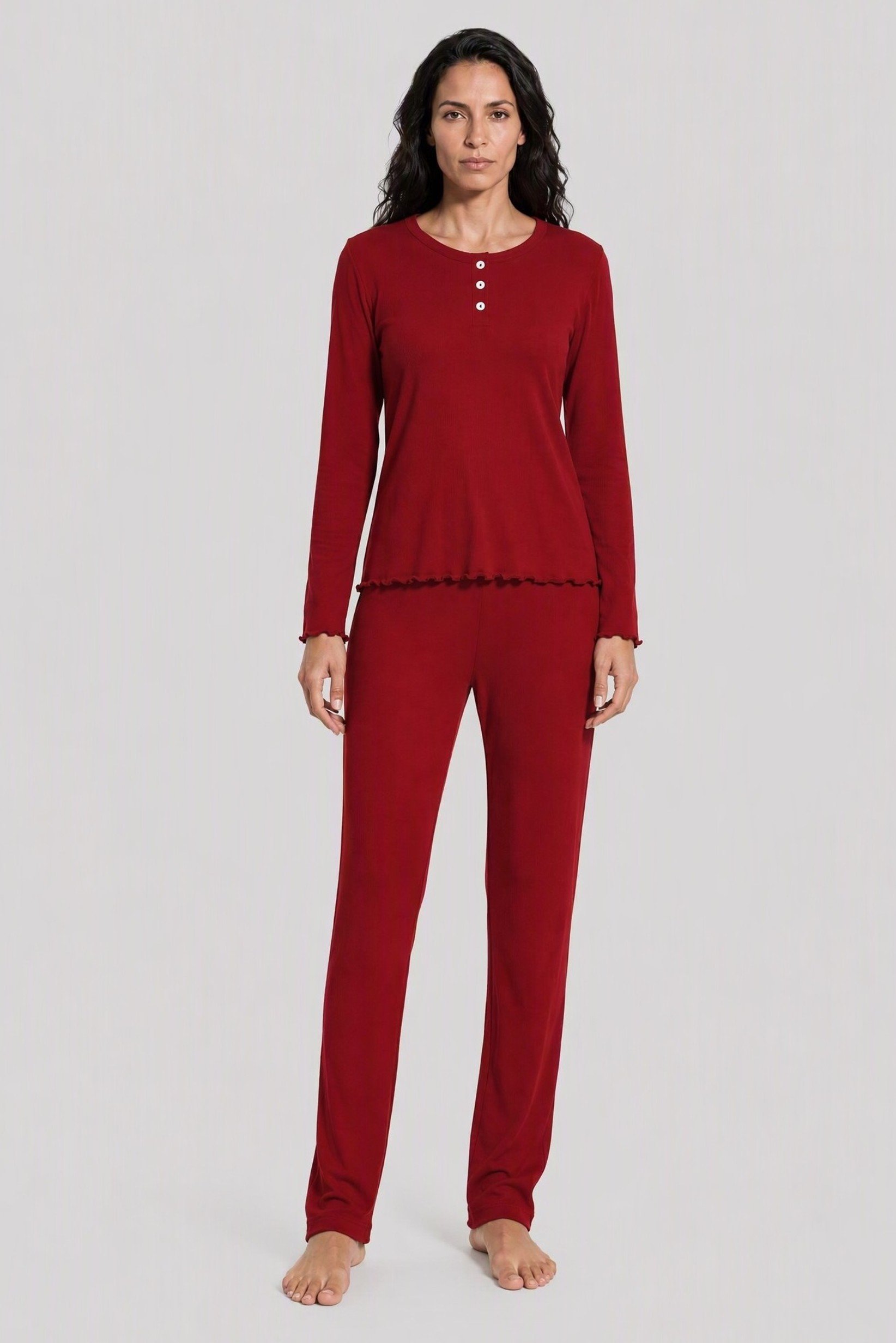 Women 2 Pieces Textured Long Sleeve Top And Pants Pajama Set, Burgundy