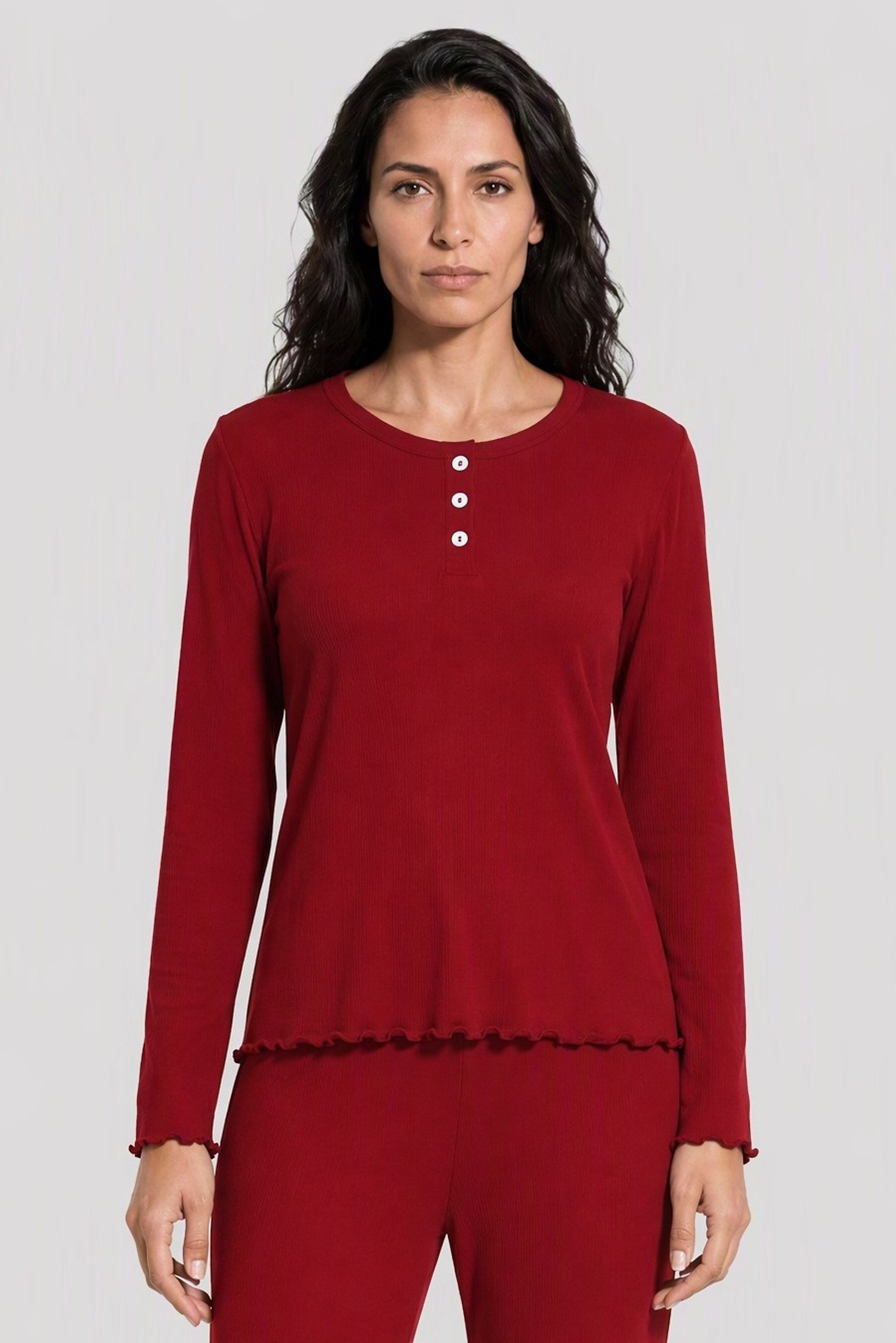 Women 2 Pieces Textured Long Sleeve Top And Pants Pajama Set, Burgundy
