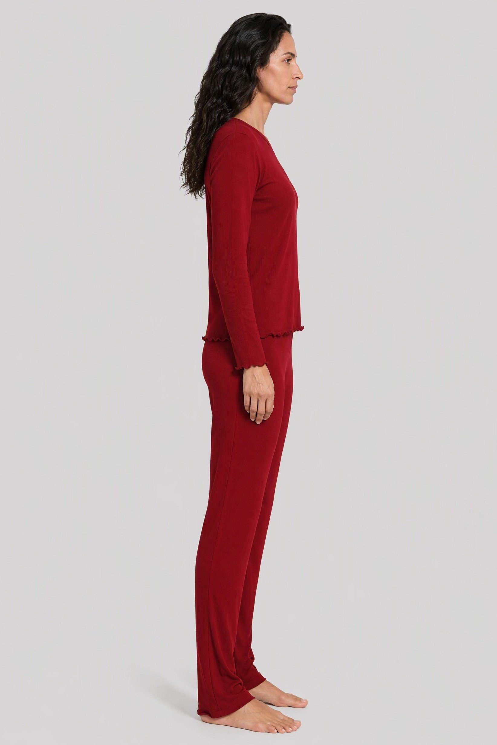 Women 2 Pieces Textured Long Sleeve Top And Pants Pajama Set, Burgundy