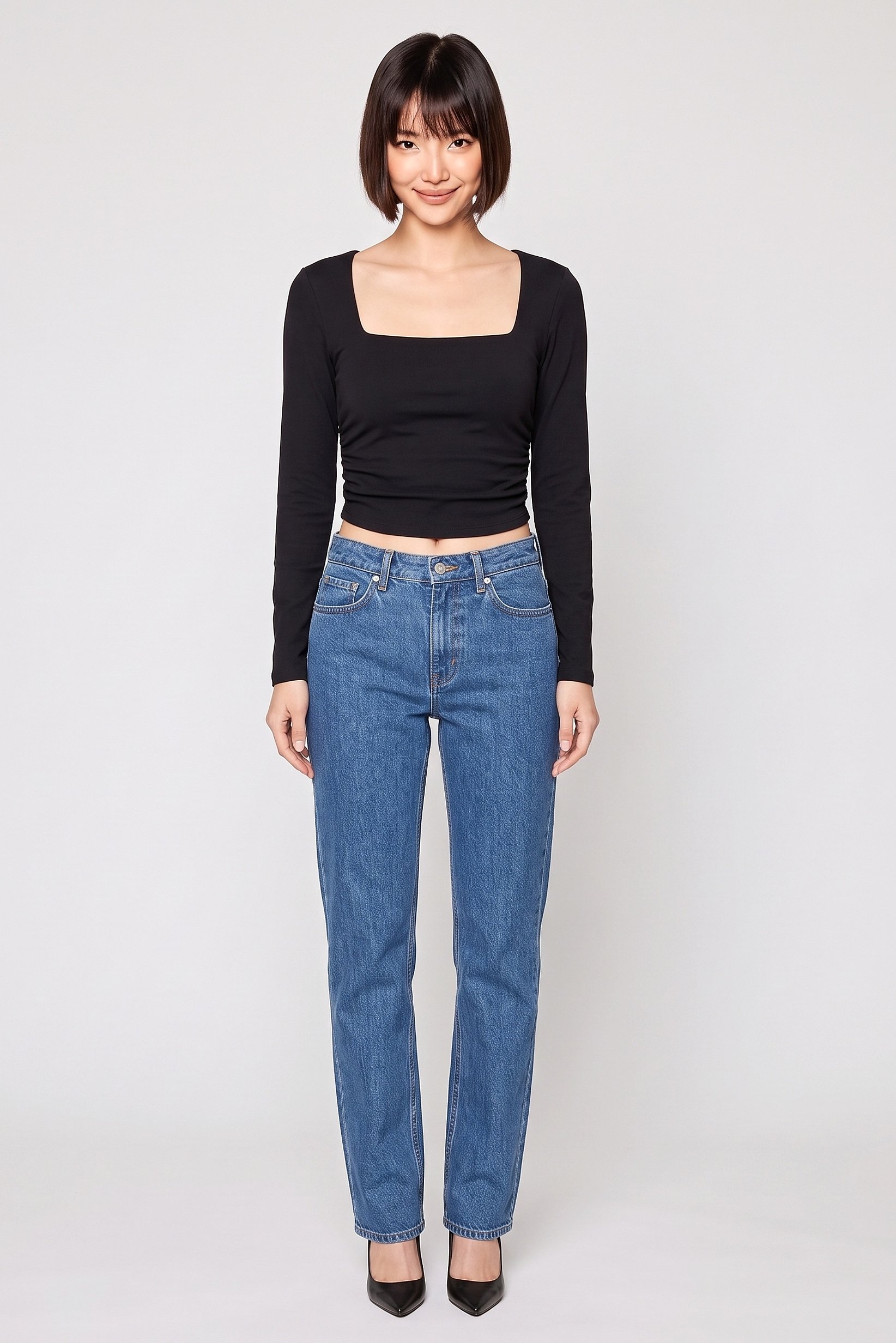 Women Square Neck Long Sleeve Solid Crop Top, Black
