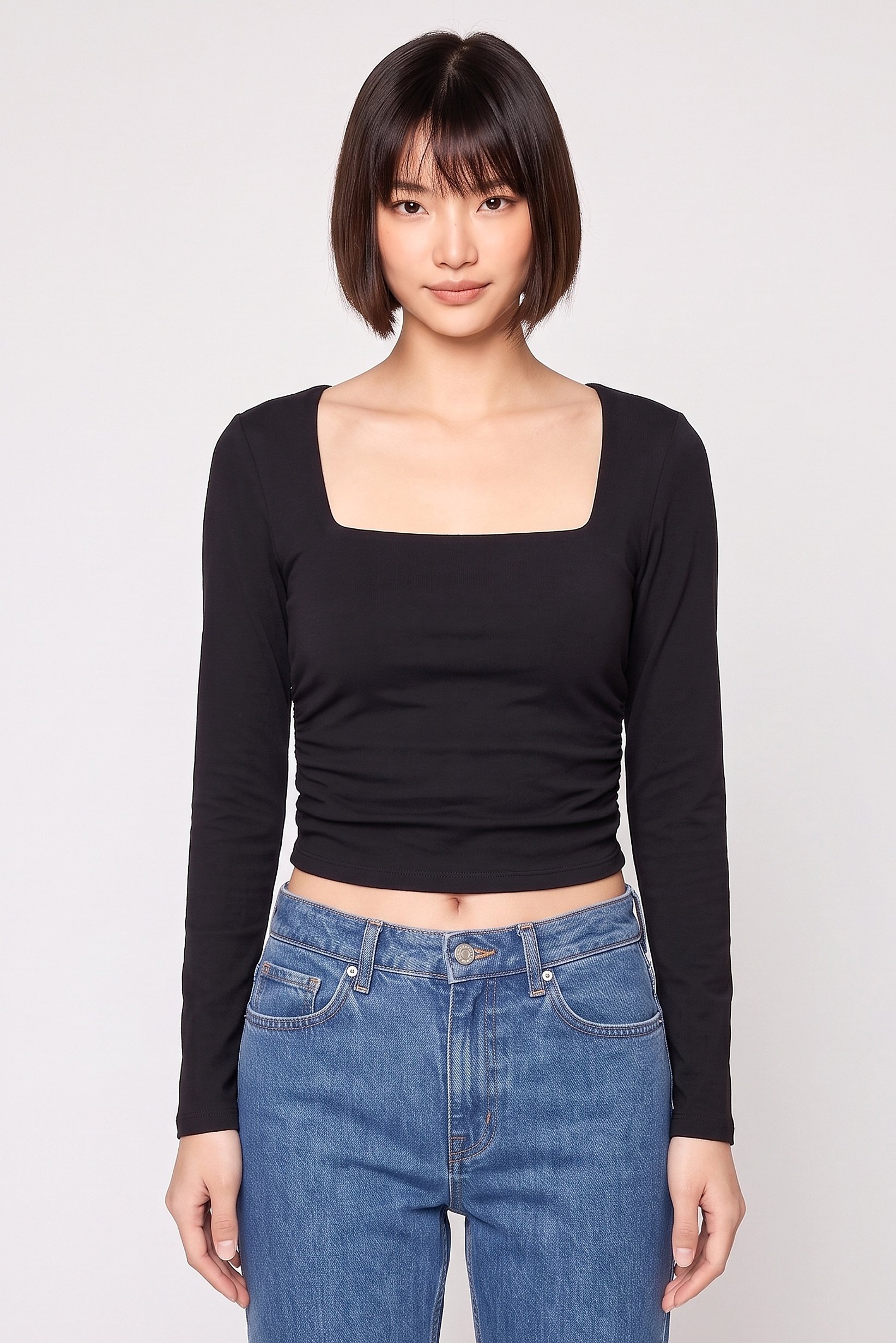 Women Square Neck Long Sleeve Solid Crop Top, Black