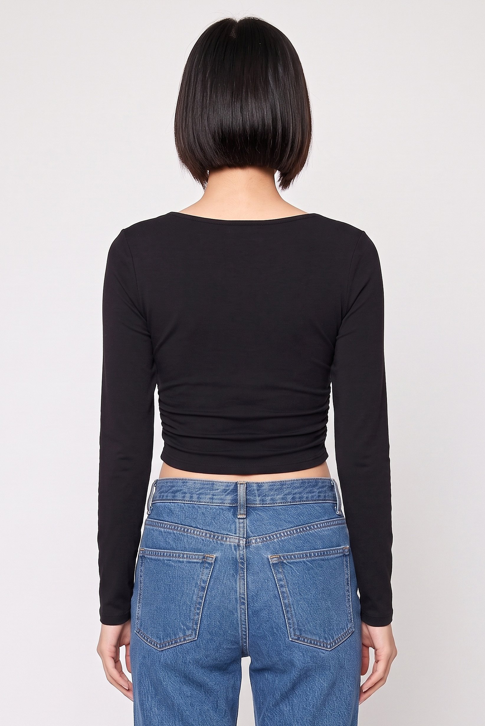 Women Square Neck Long Sleeve Solid Crop Top, Black