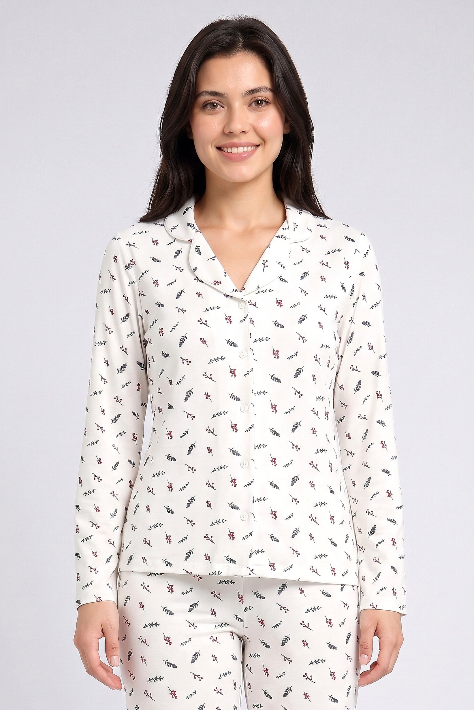 Women 2 Pieces Allover Print Shirt And Bottom Pajama Set, Multicolor
