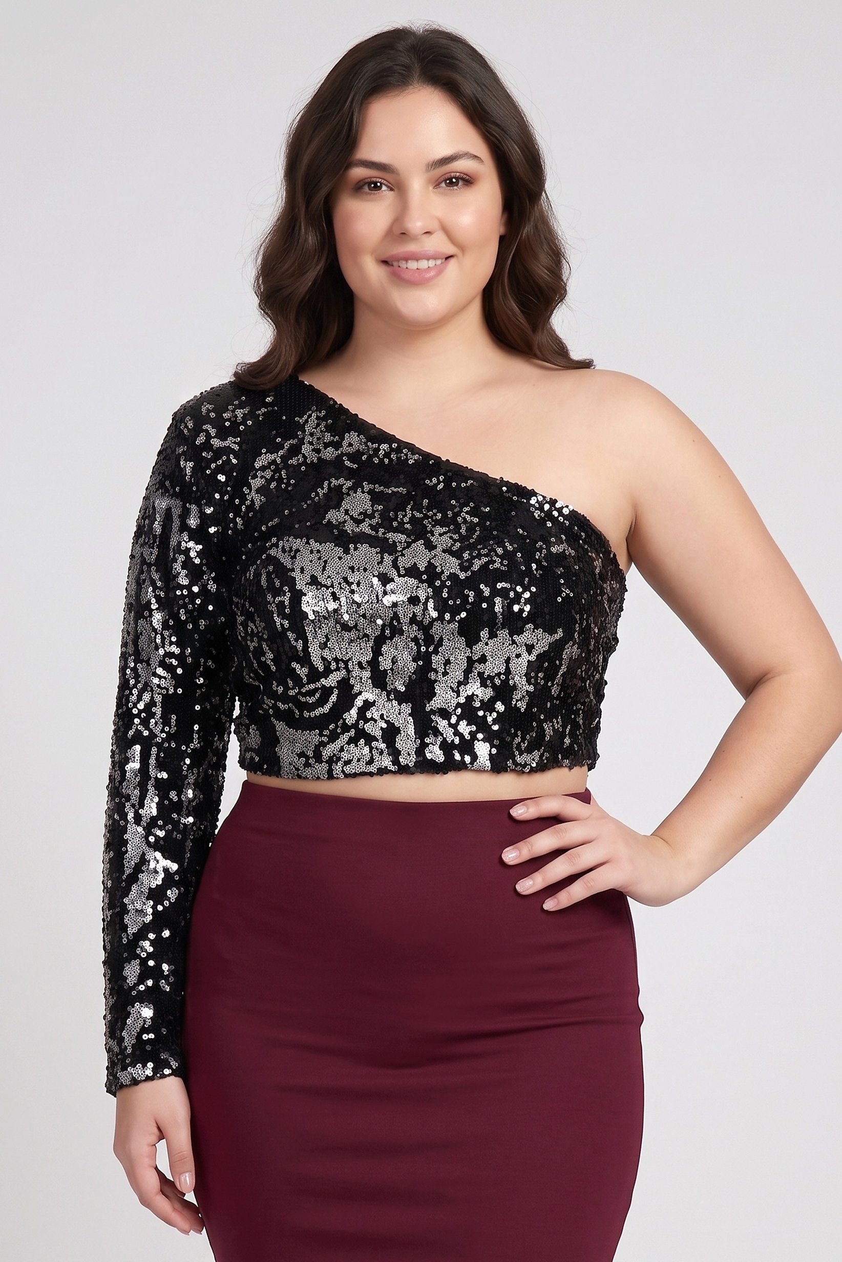 Women Asymmetrical Neck Sequins One Shoulder Sleeve Top, Black