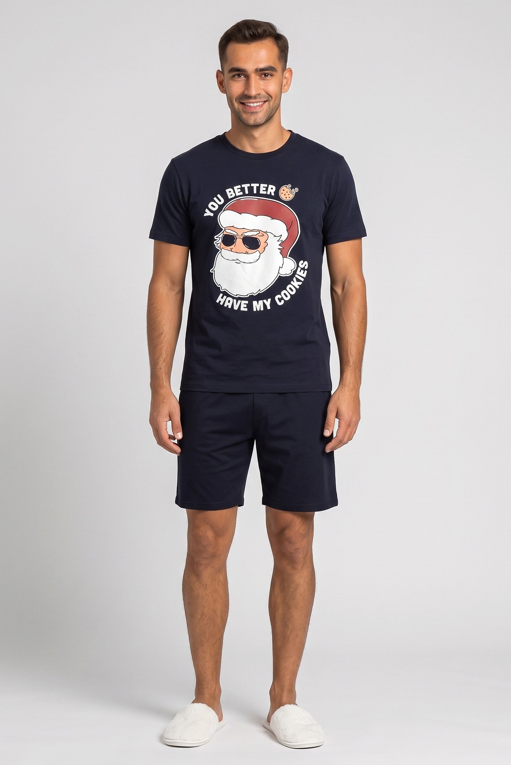 Men 2 Pcs Graphic Print T-Shirt And Shorts Pyjama Set, Dark Navy