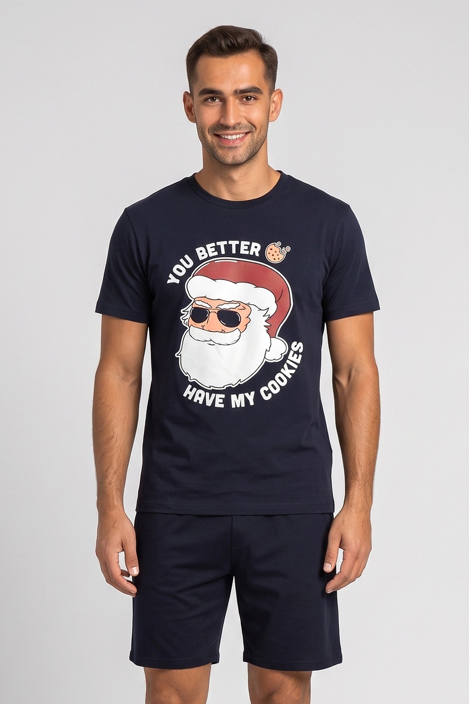 Men 2 Pcs Graphic Print T-Shirt And Shorts Pyjama Set, Dark Navy