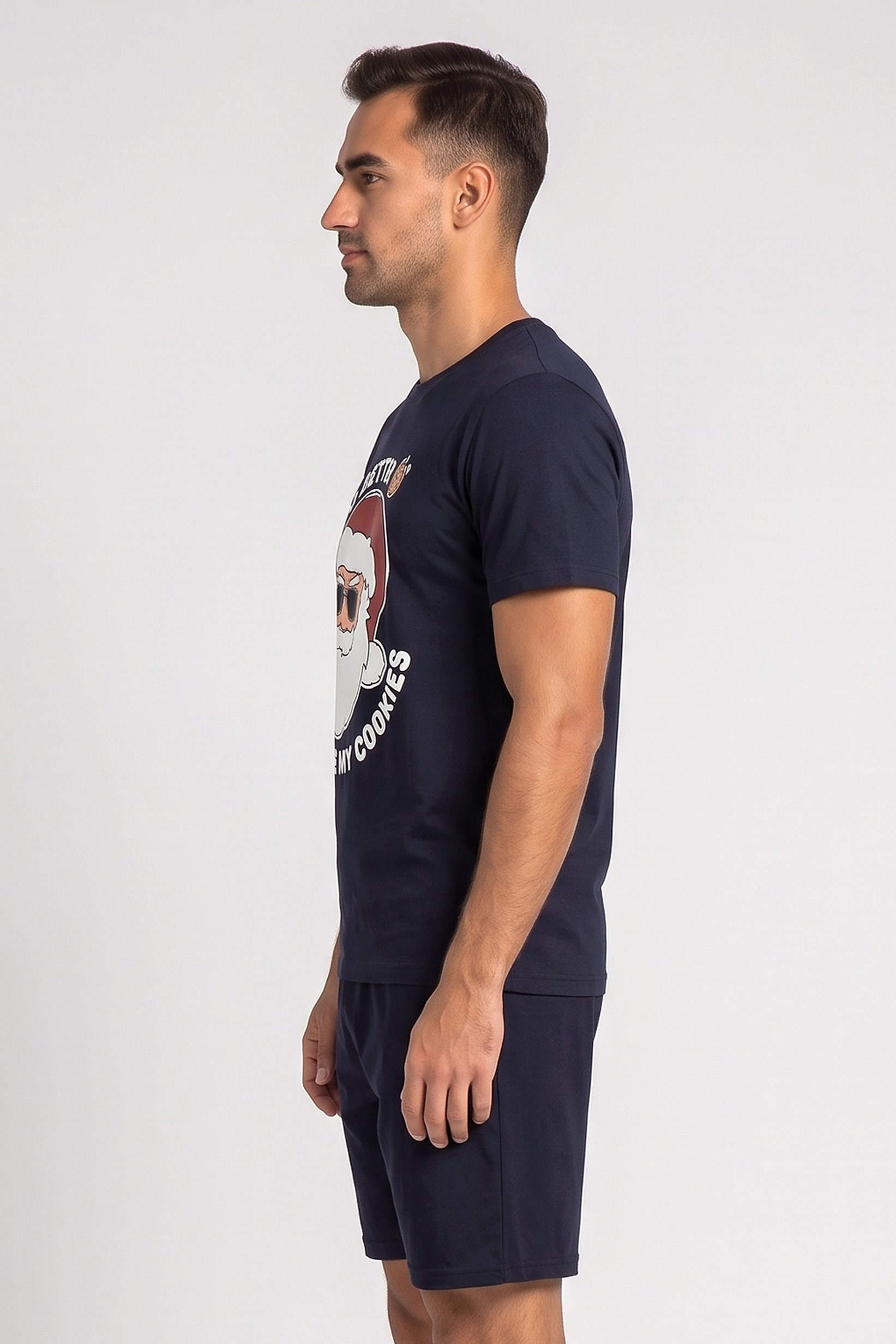 Men 2 Pcs Graphic Print T-Shirt And Shorts Pyjama Set, Dark Navy