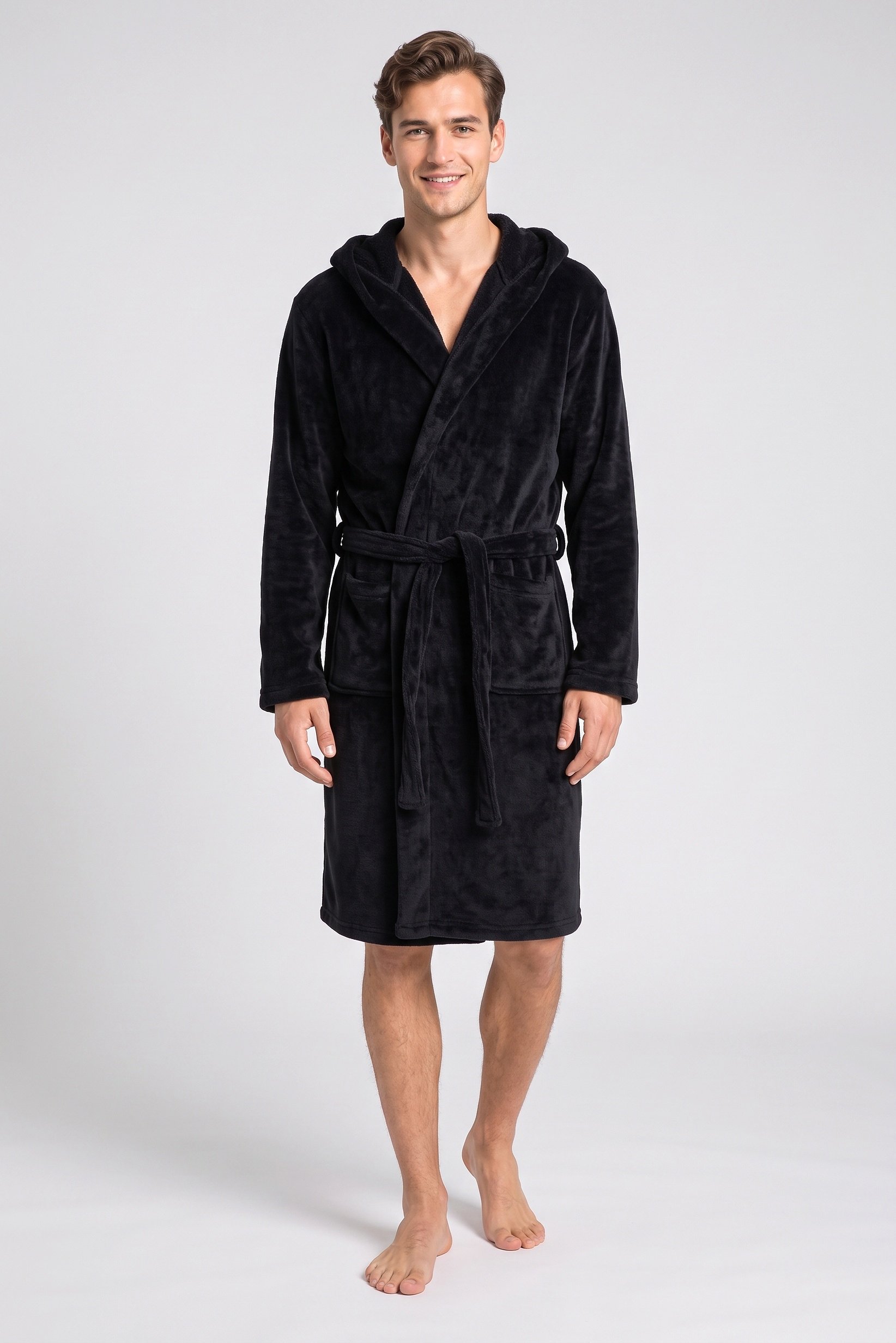 Men Textured Bath Robe, Black