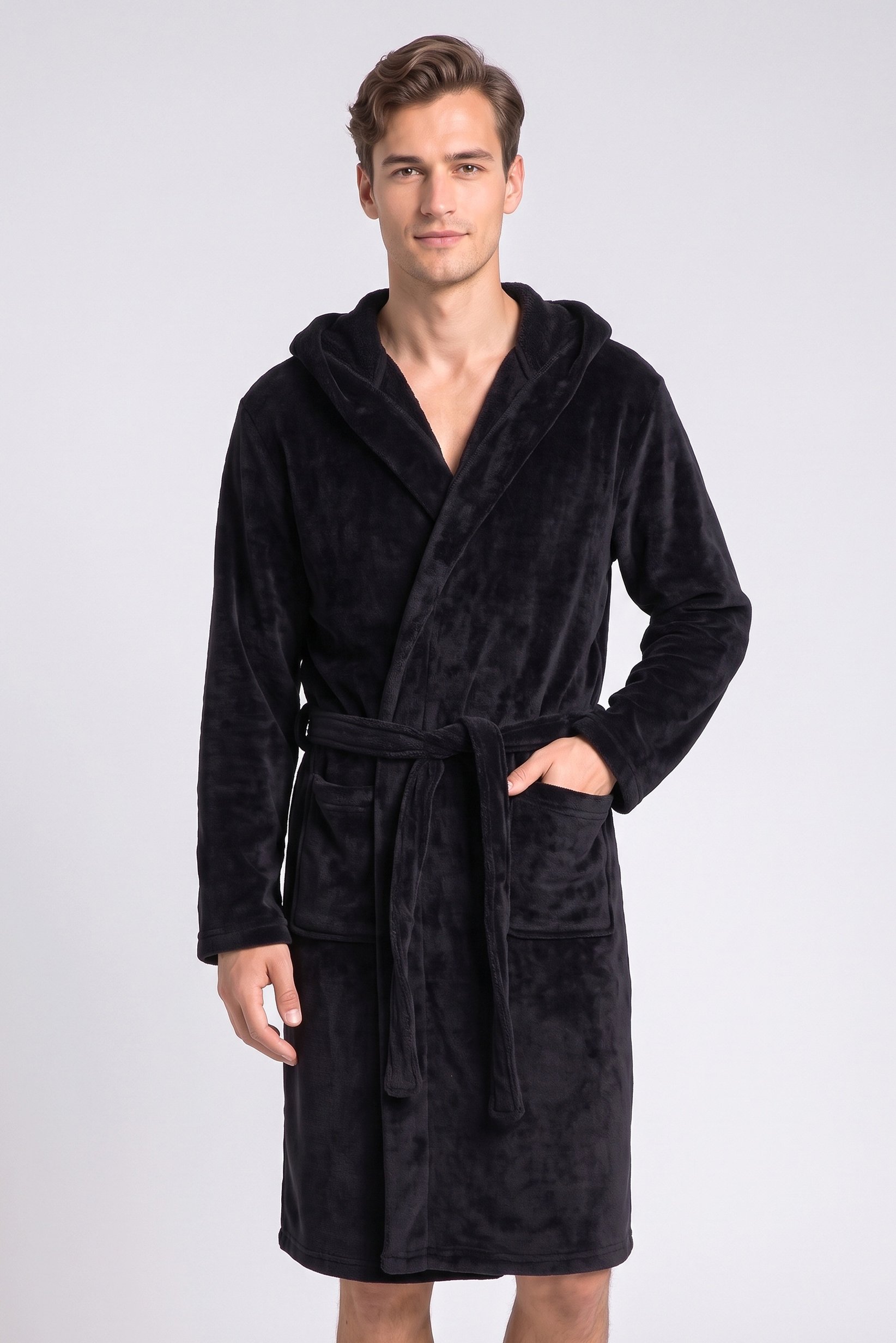Men Textured Bath Robe, Black