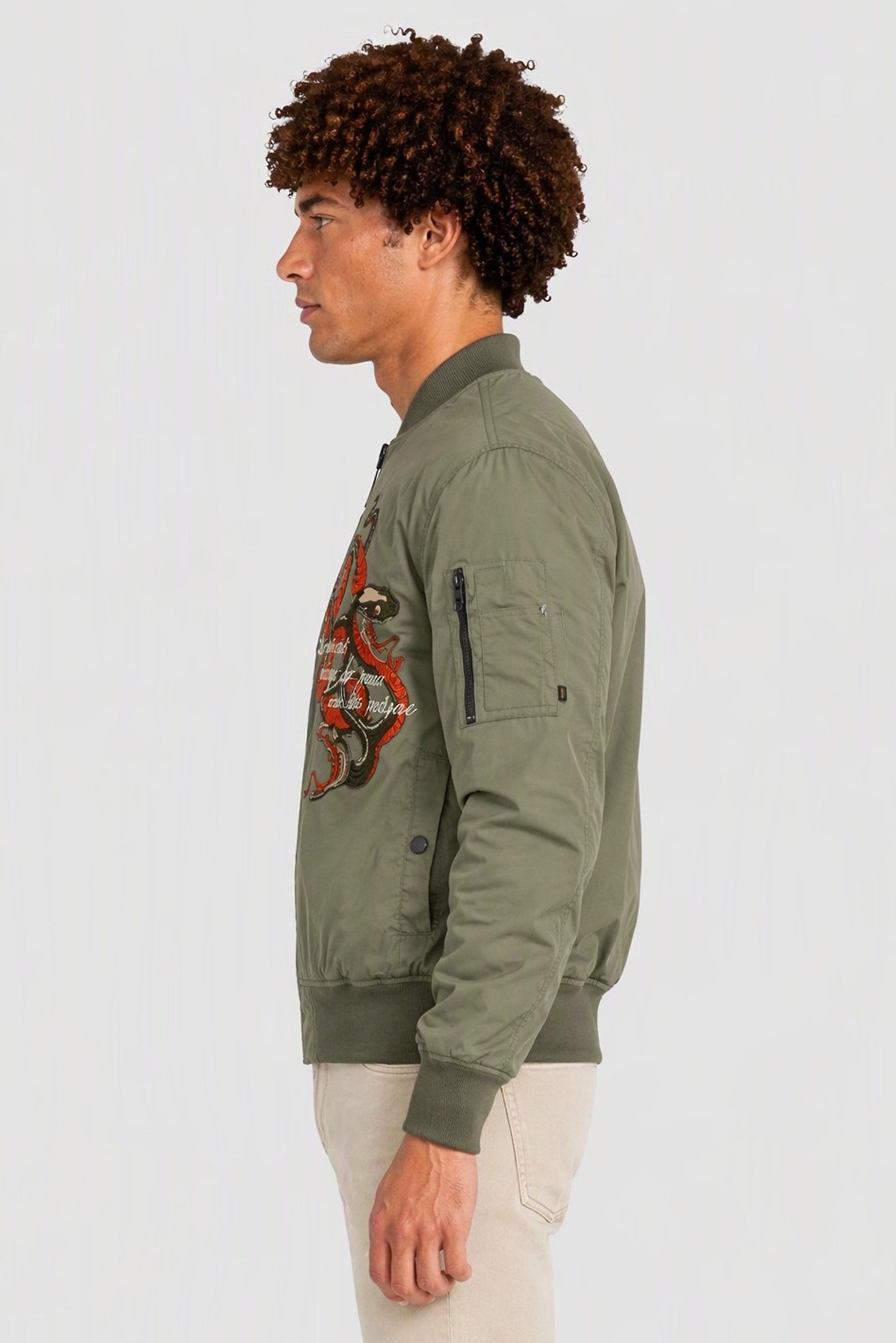 Men Embroidered Bomber Jacket, Olive