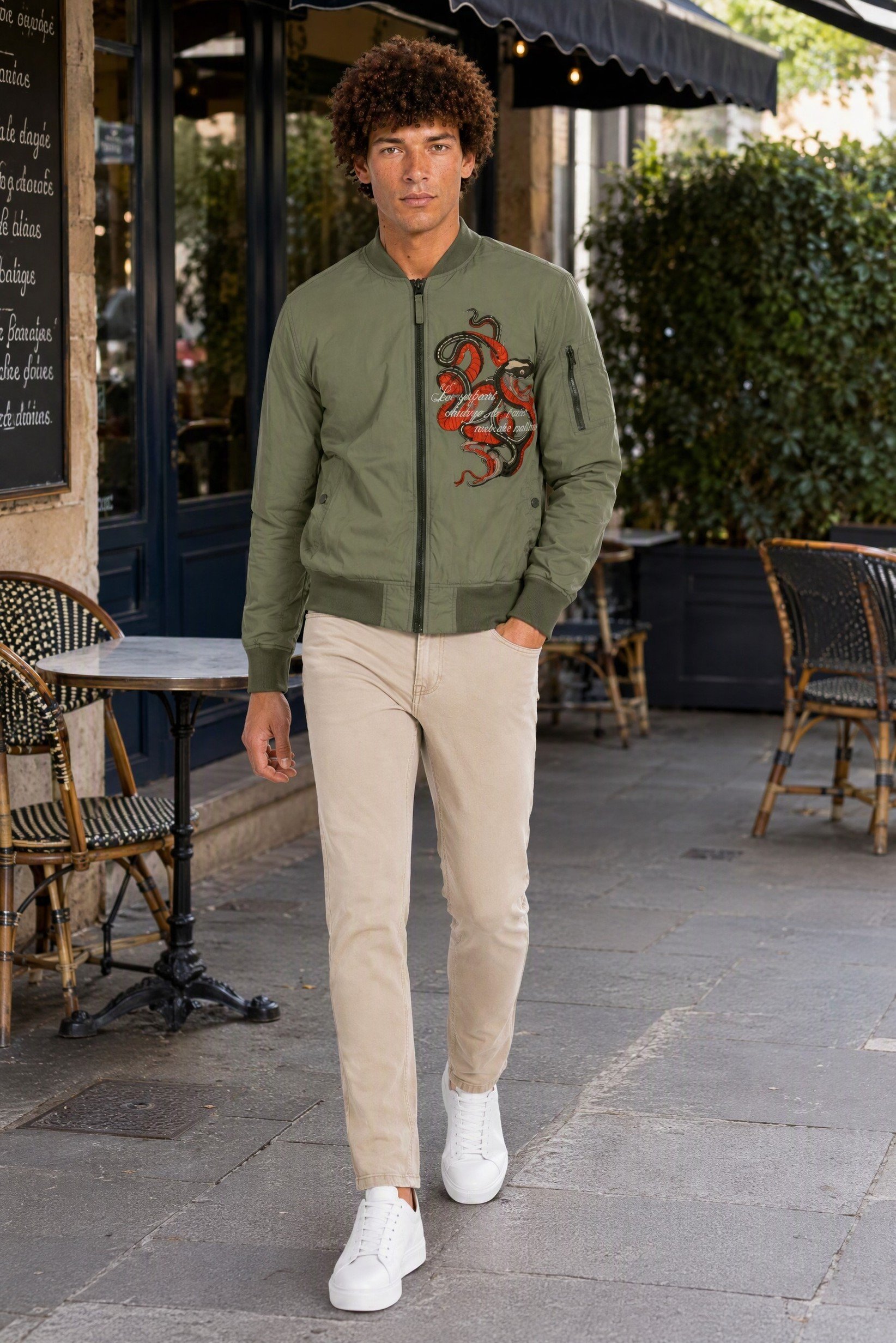 Men Embroidered Bomber Jacket, Olive