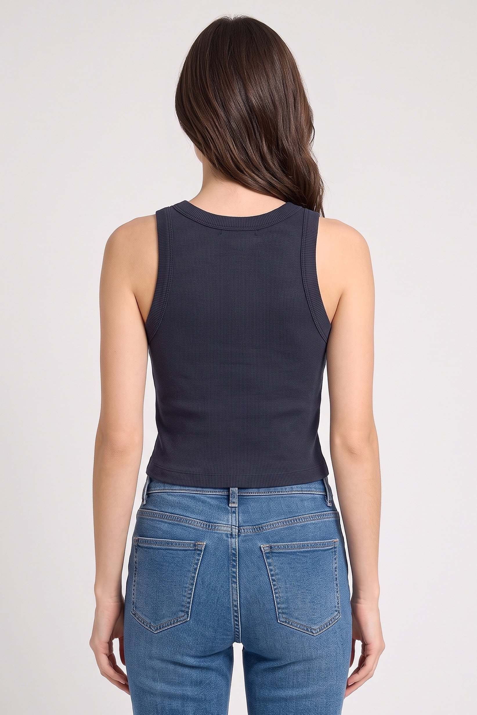 Women Crew Neck Sleeveless Graphic Print Tank Top, Navy Blue