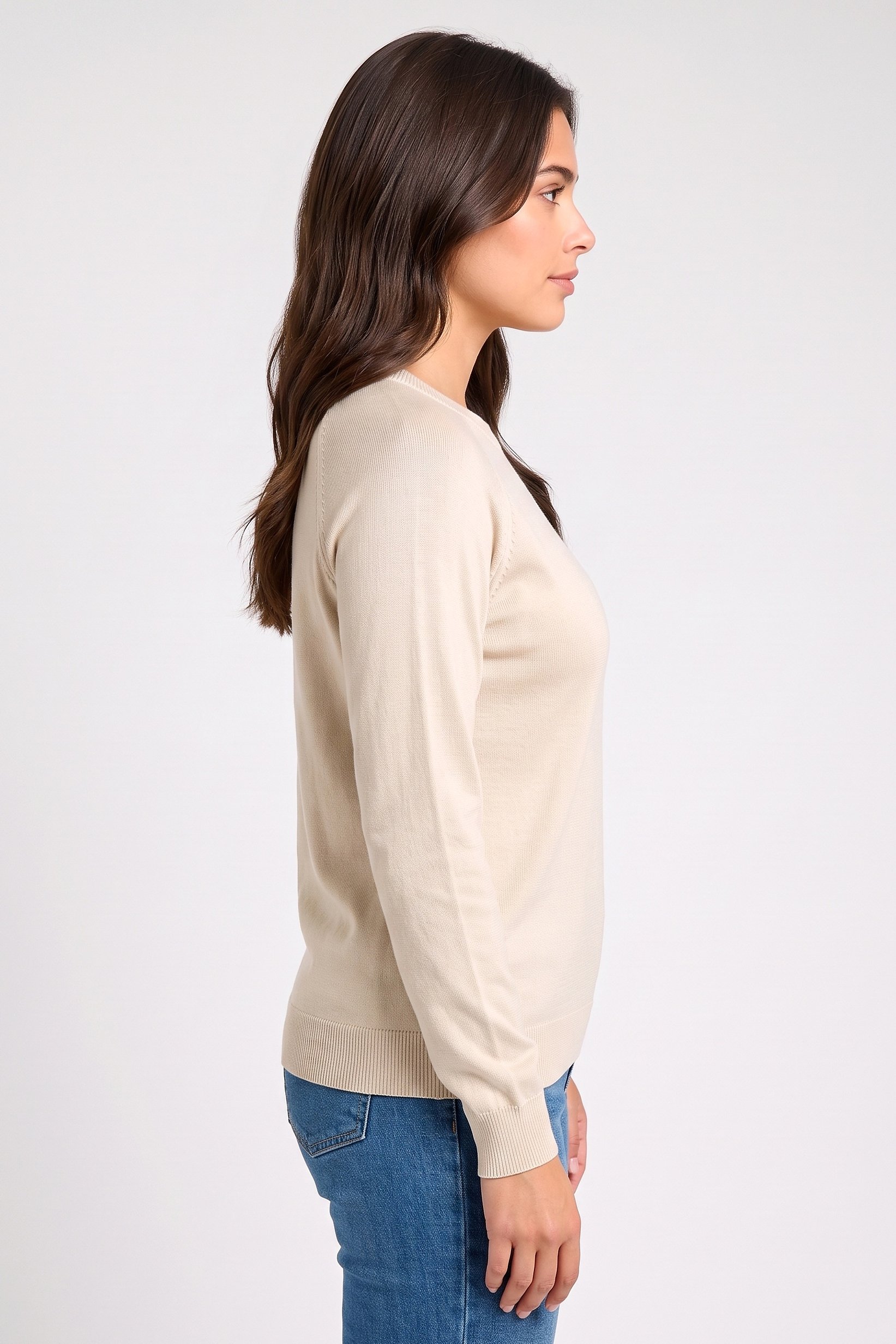 Women Ribbed Collar Long Sleeve Knitted Sweater, Beige