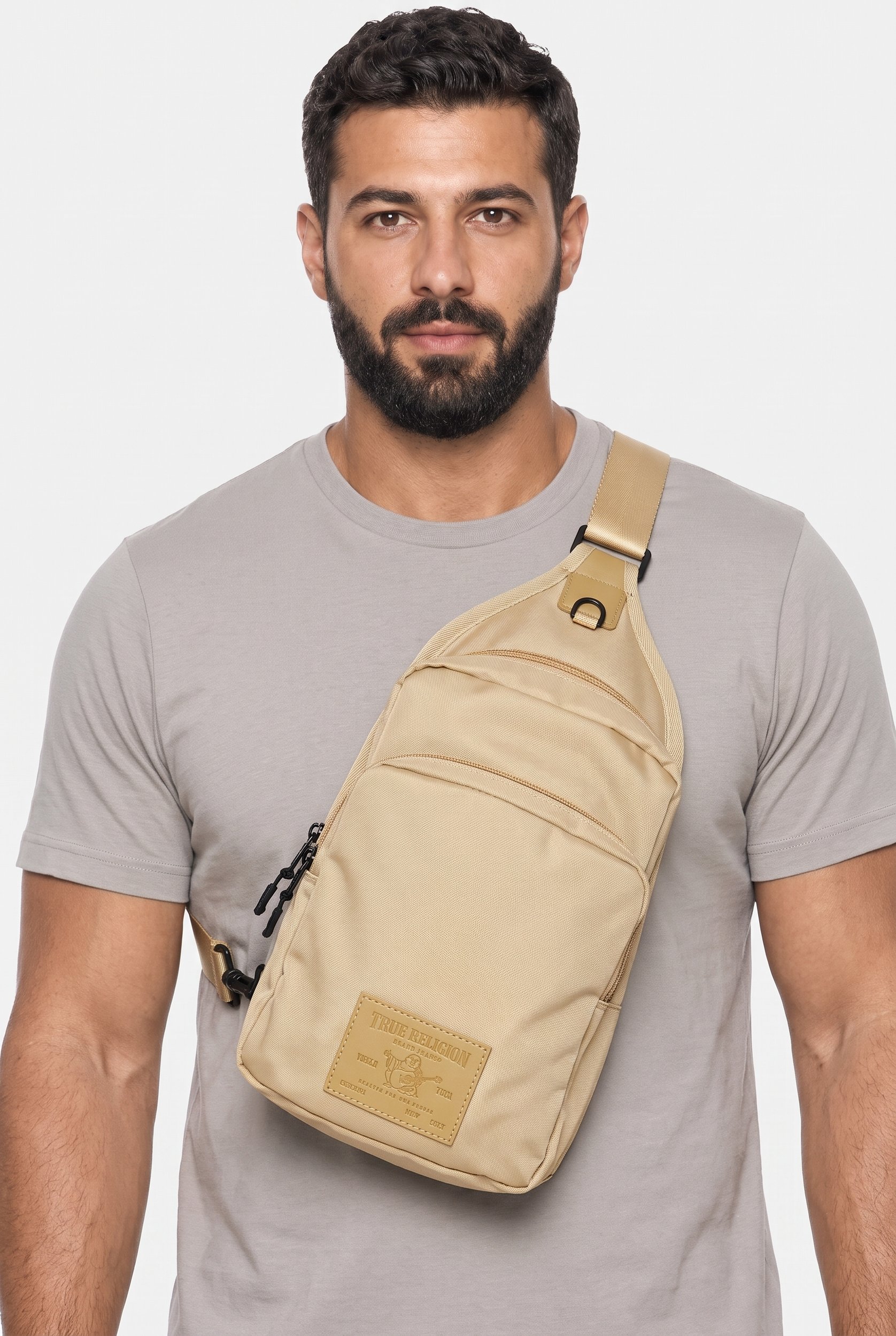Men Brand Logo Sling Backpack, Beige