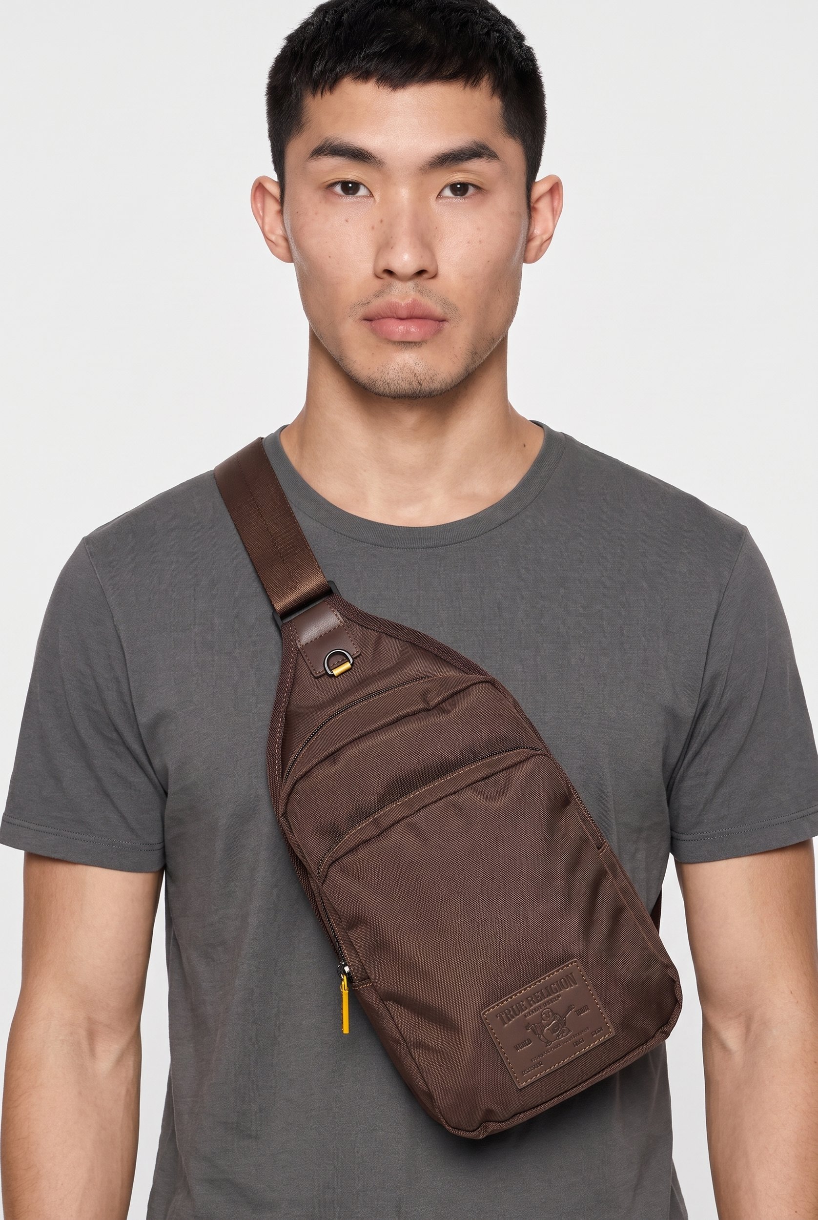 Men Brand Logo Sling Backpack, Brown