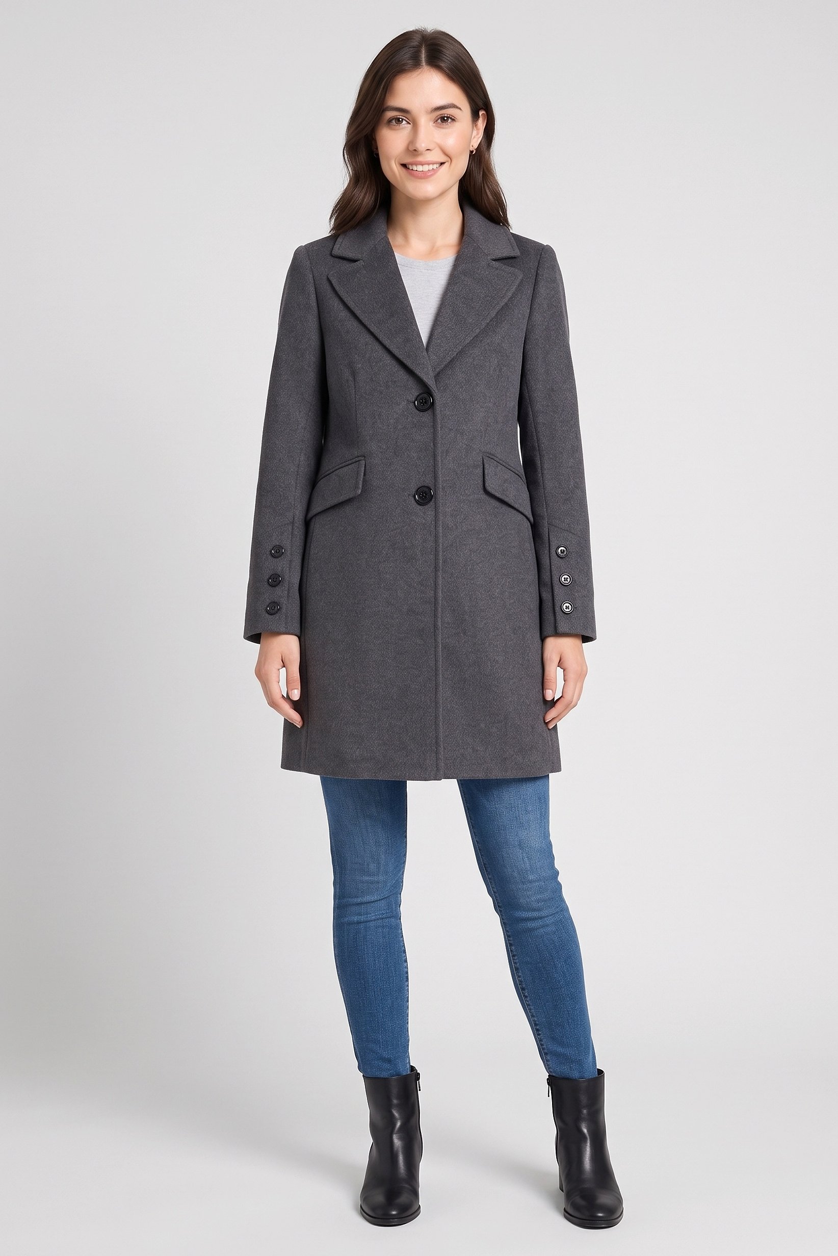 Women Textured Trench Coat, Charcoal Grey
