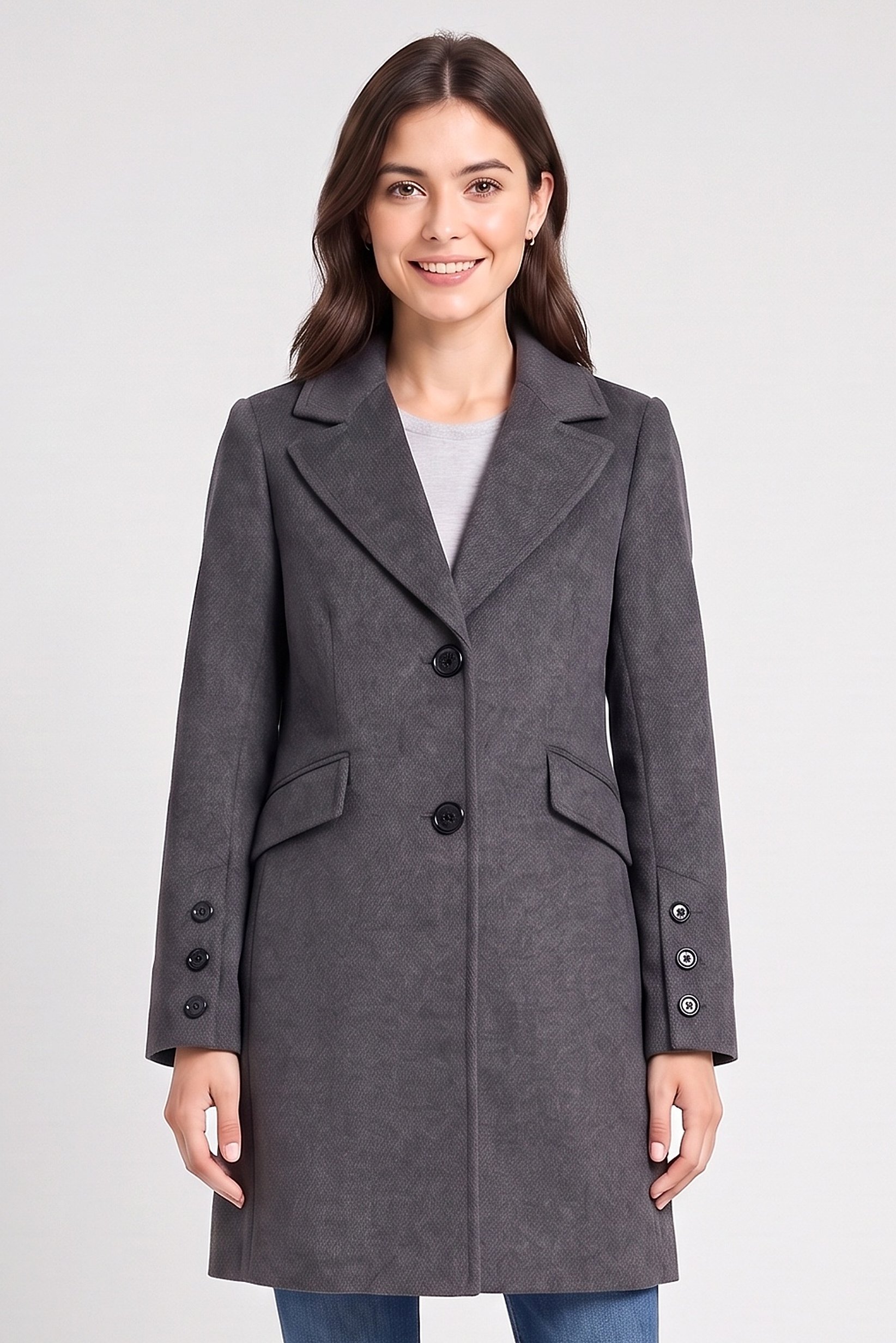 Women Textured Trench Coat, Charcoal Grey