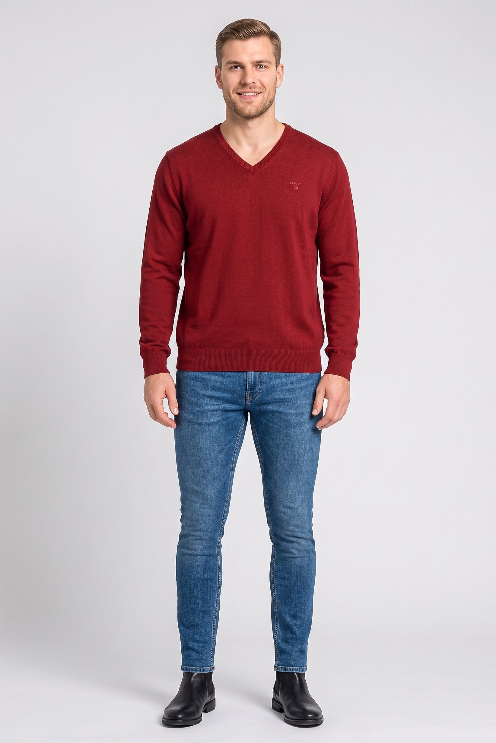 Men V-Neck Textured Sweater, Red