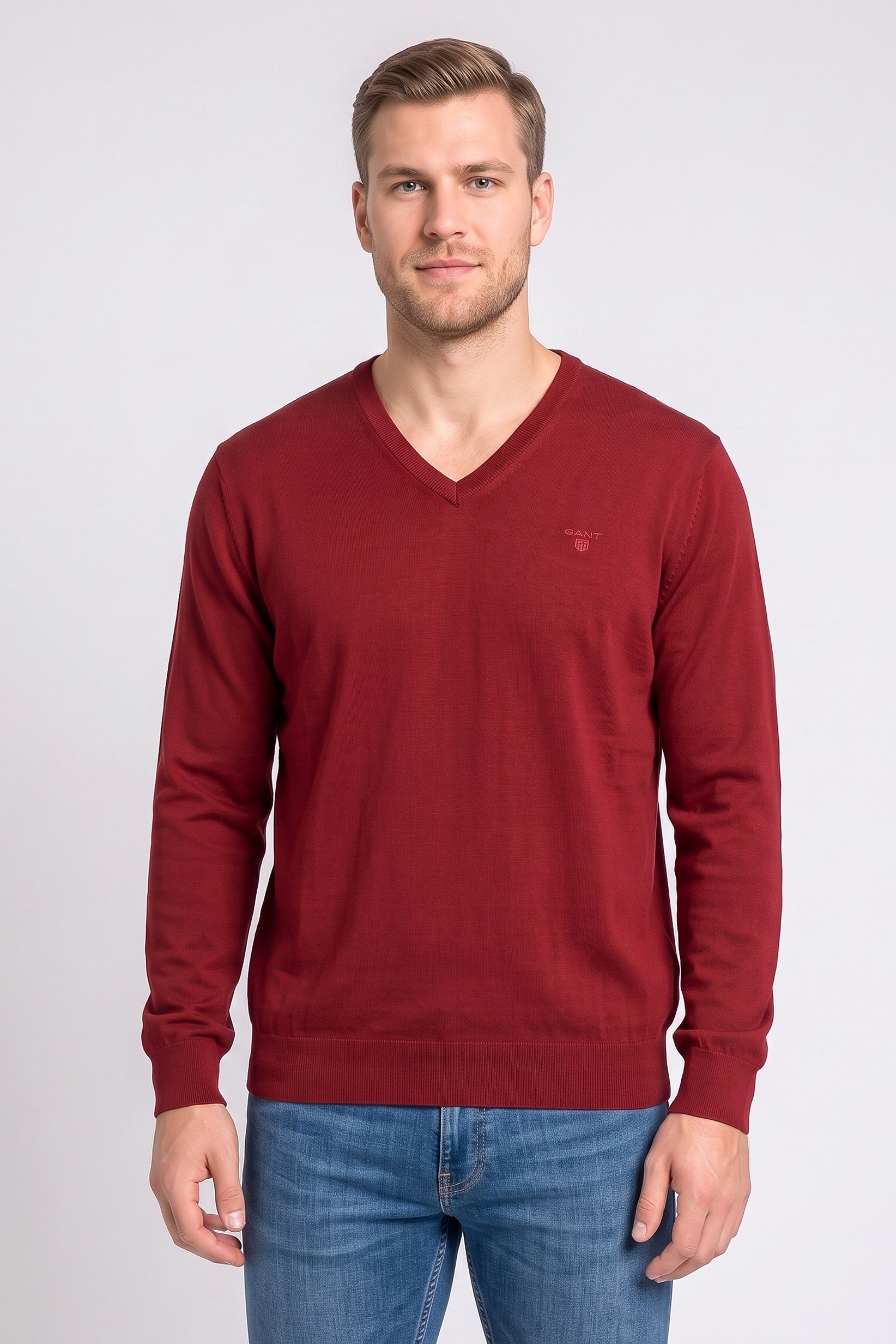 Men V-Neck Textured Sweater, Red
