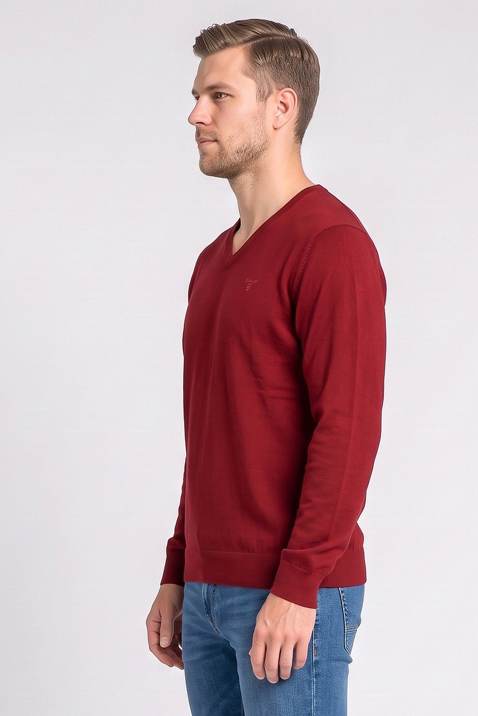 Men V-Neck Textured Sweater, Red